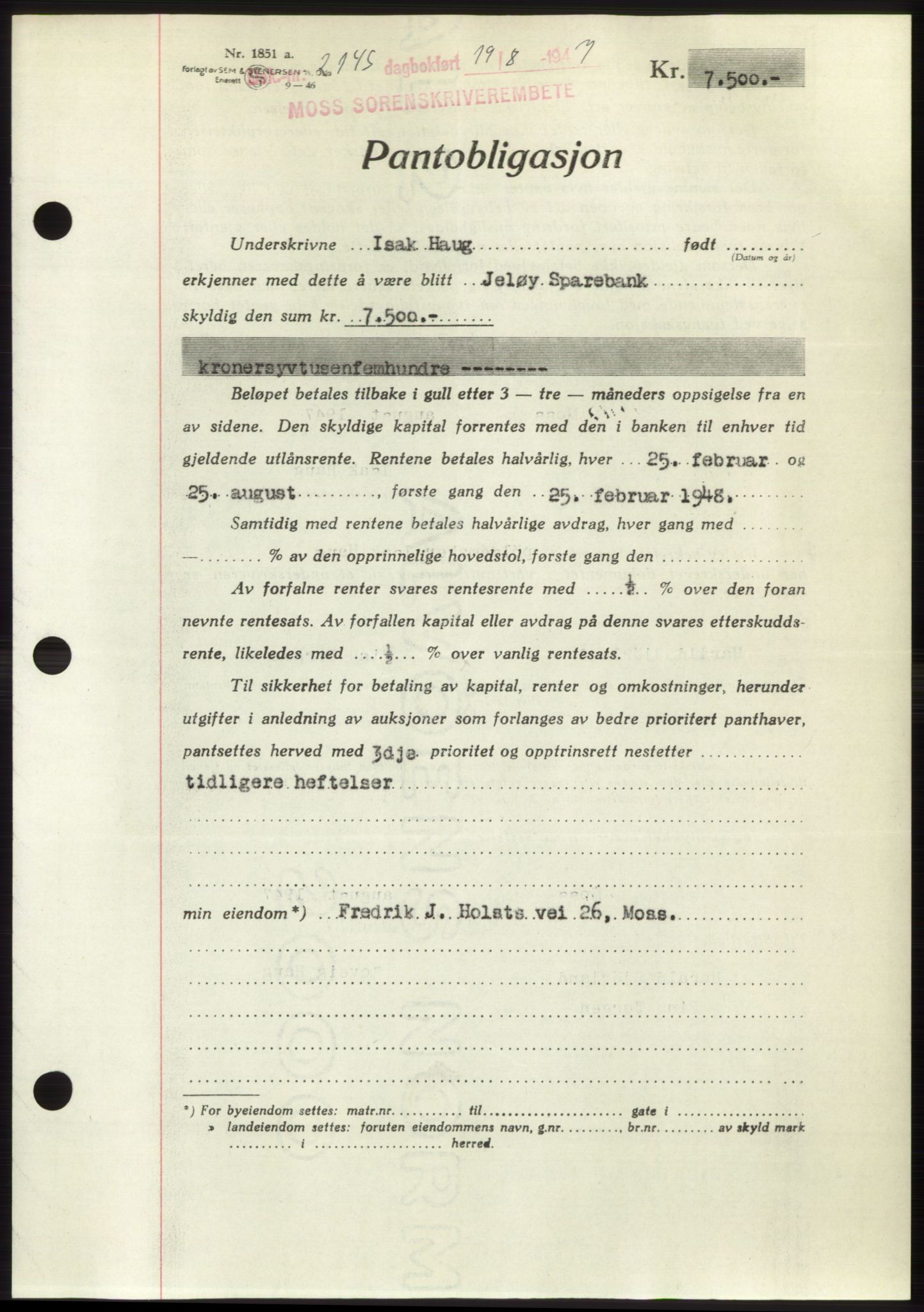 Moss sorenskriveri, SAO/A-10168: Pantebok nr. B17, 1947-1947, Dagboknr: 2145/1947