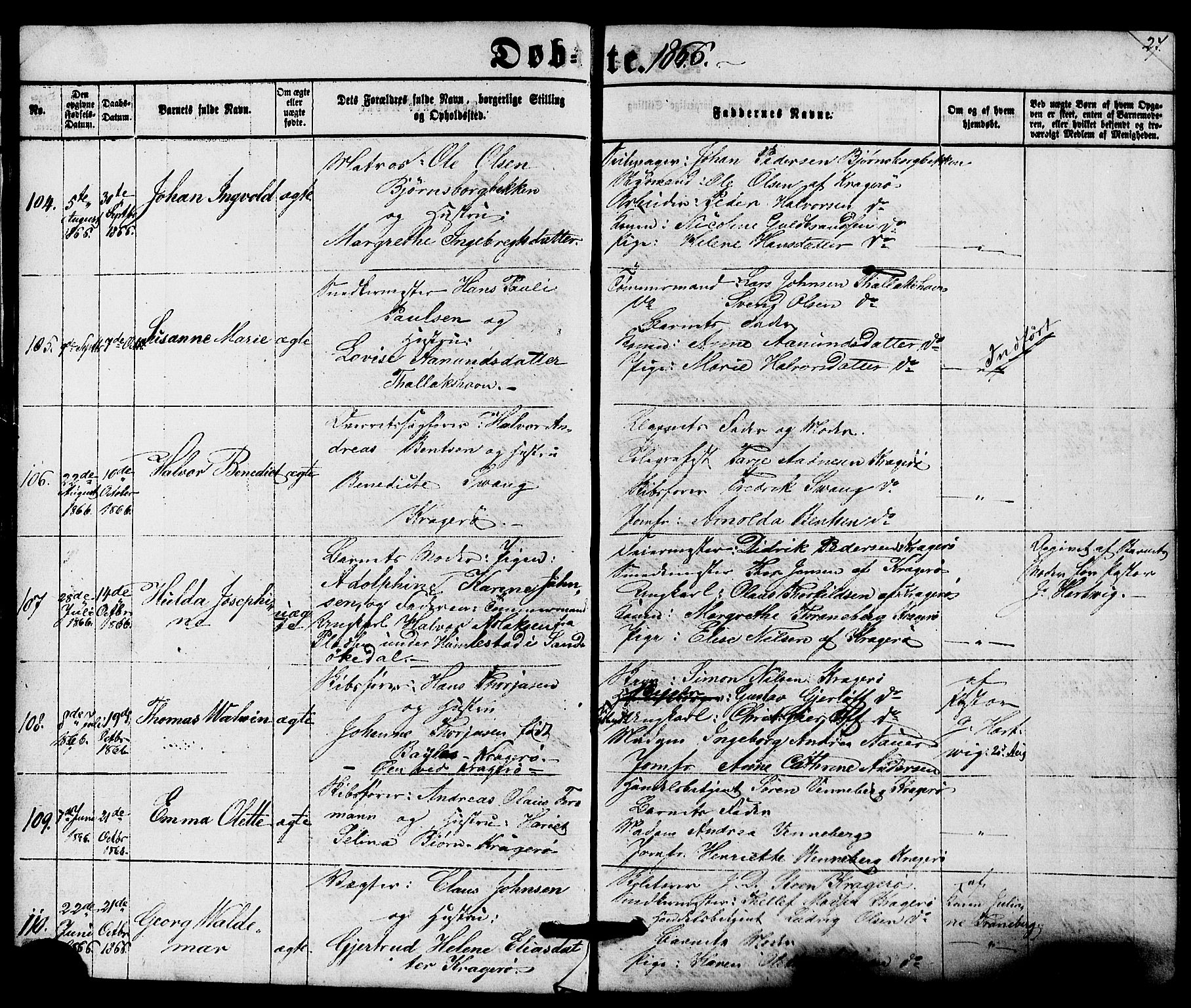 Kragerø kirkebøker, AV/SAKO-A-278/G/Ga/L0005: Klokkerbok nr. 5, 1865-1881, s. 27