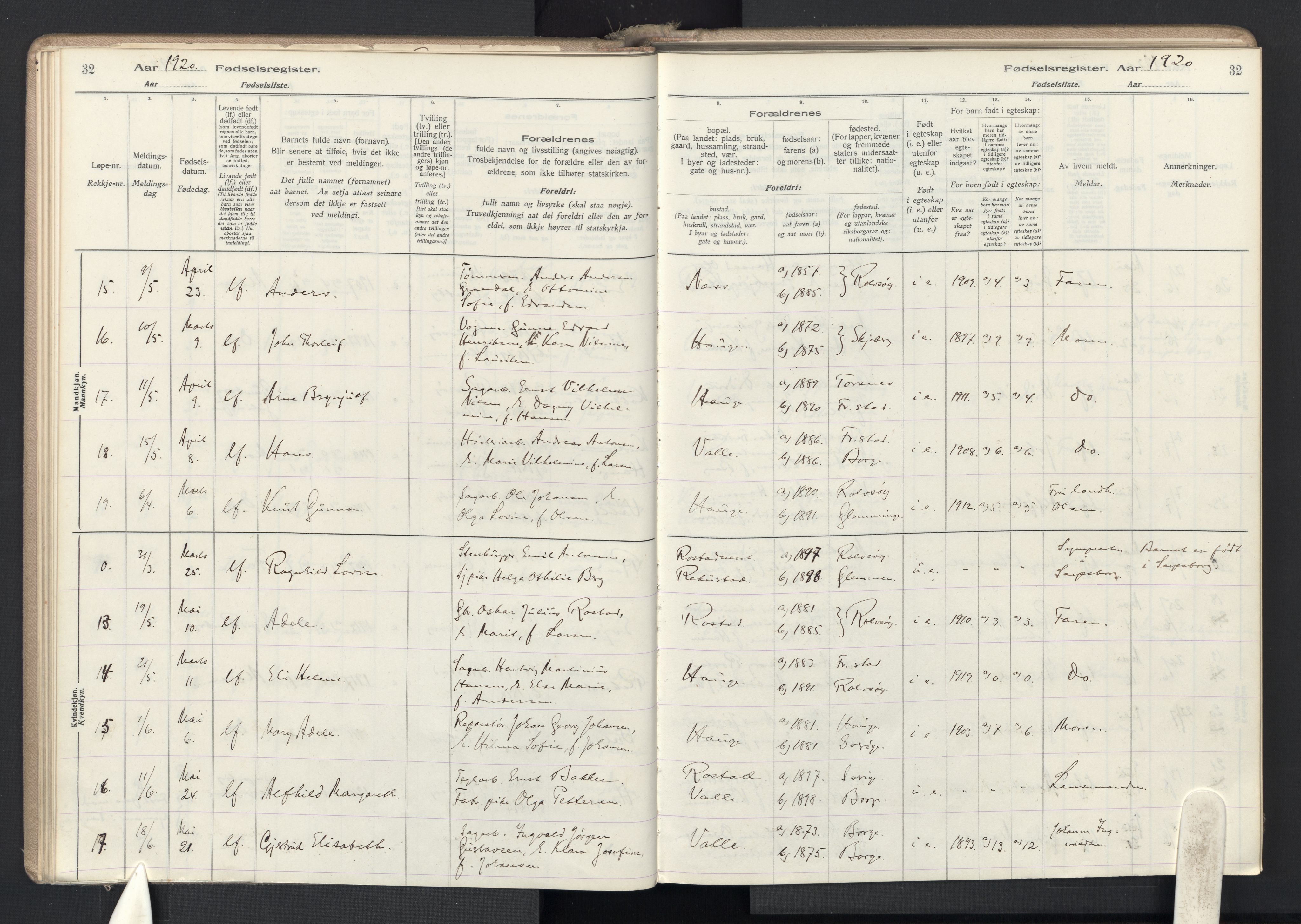 Rolvsøy prestekontor Kirkebøker, AV/SAO-A-2004/J/Ja/L0001: Fødselsregister nr. 1, 1916-1946, s. 32