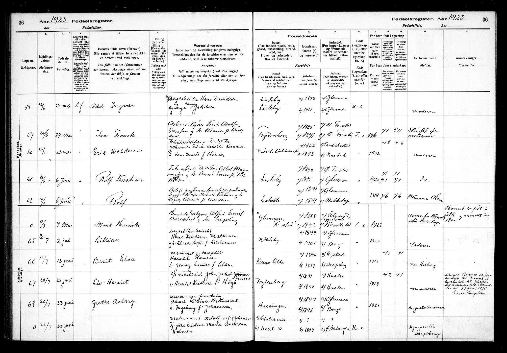 Glemmen prestekontor Kirkebøker, AV/SAO-A-10908/J/Ja/L0002: Fødselsregister nr. I 2, 1922-1929, s. 36