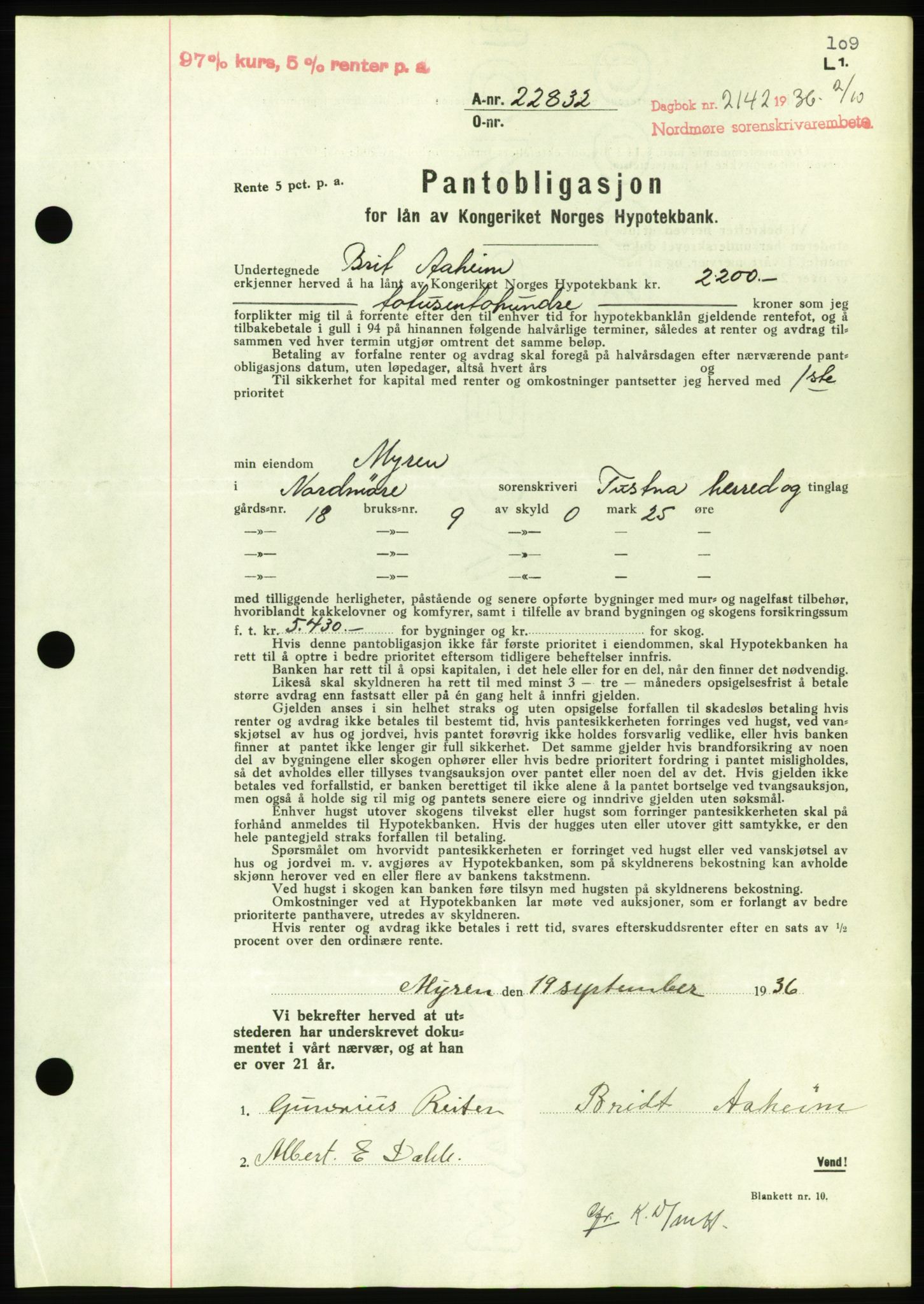 Nordmøre sorenskriveri, AV/SAT-A-4132/1/2/2Ca/L0090: Pantebok nr. B80, 1936-1937, Dagboknr: 2142/1936