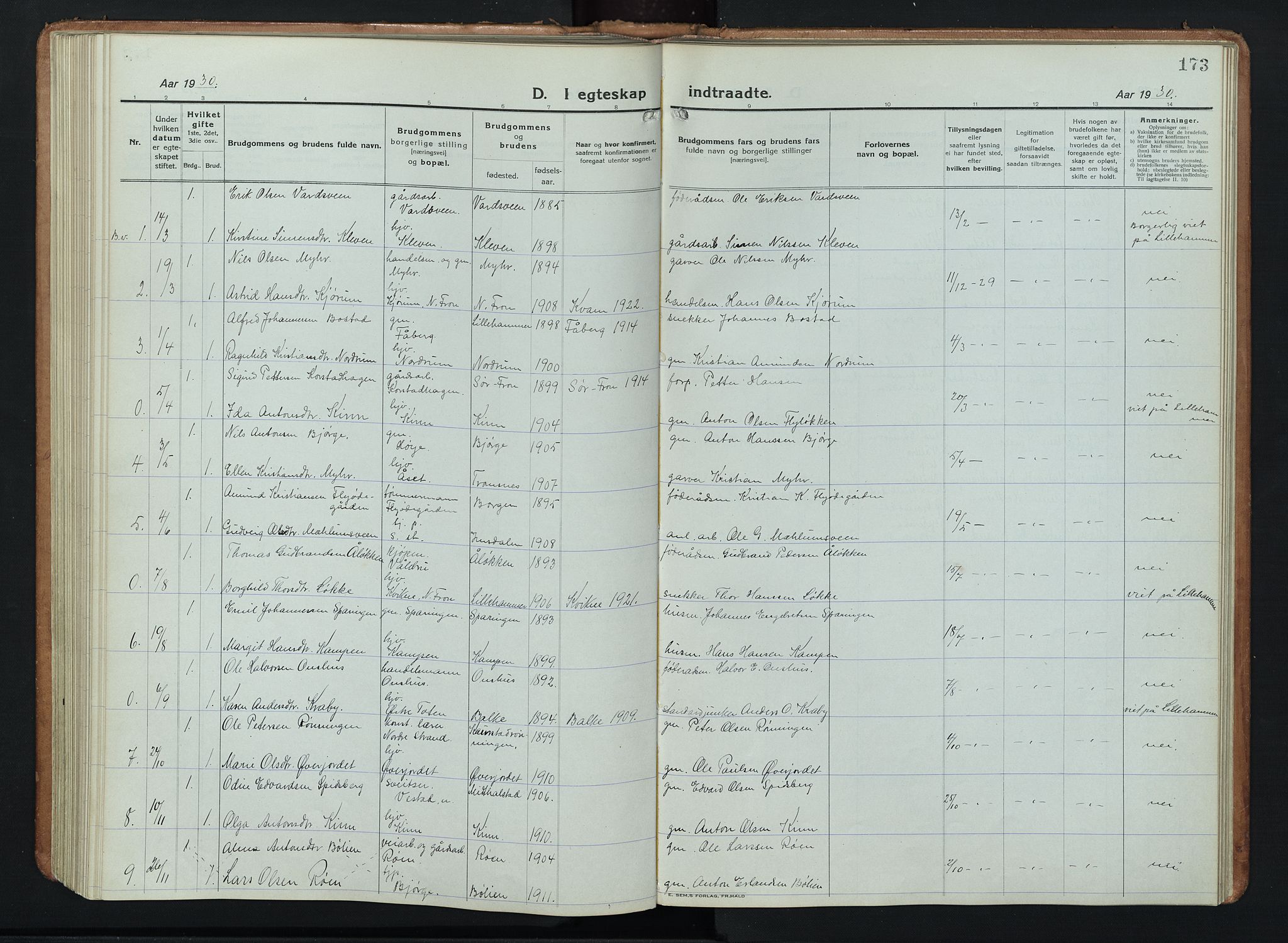 Ringebu prestekontor, AV/SAH-PREST-082/H/Ha/Hab/L0011: Klokkerbok nr. 11, 1921-1943, s. 173