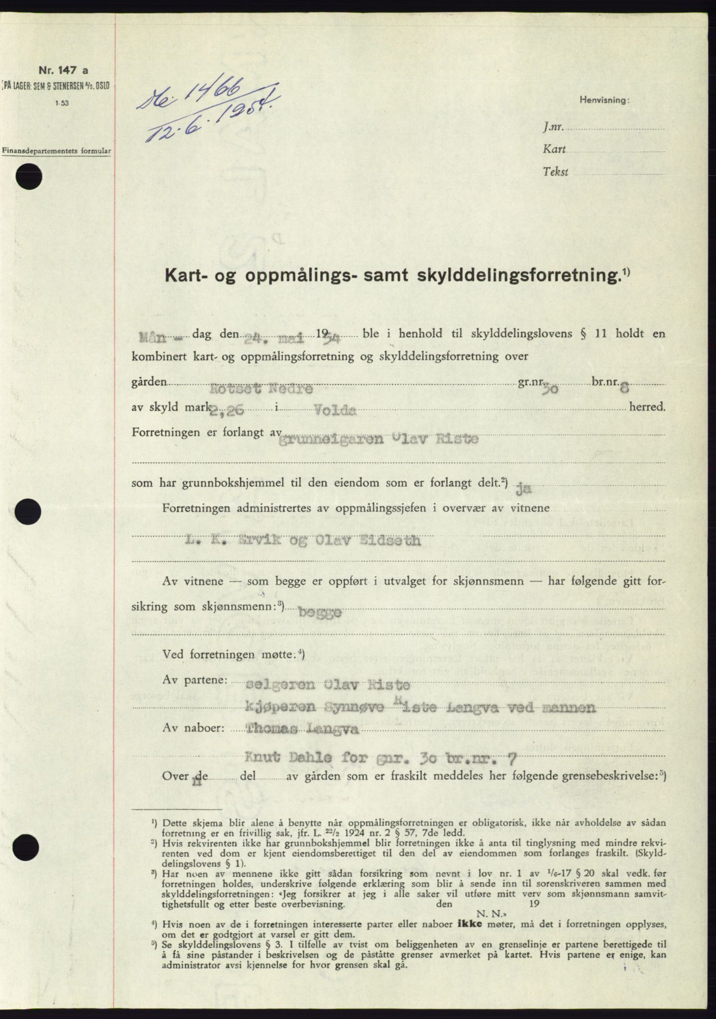 Søre Sunnmøre sorenskriveri, SAT/A-4122/1/2/2C/L0098: Pantebok nr. 24A, 1954-1954, Dagboknr: 1466/1954