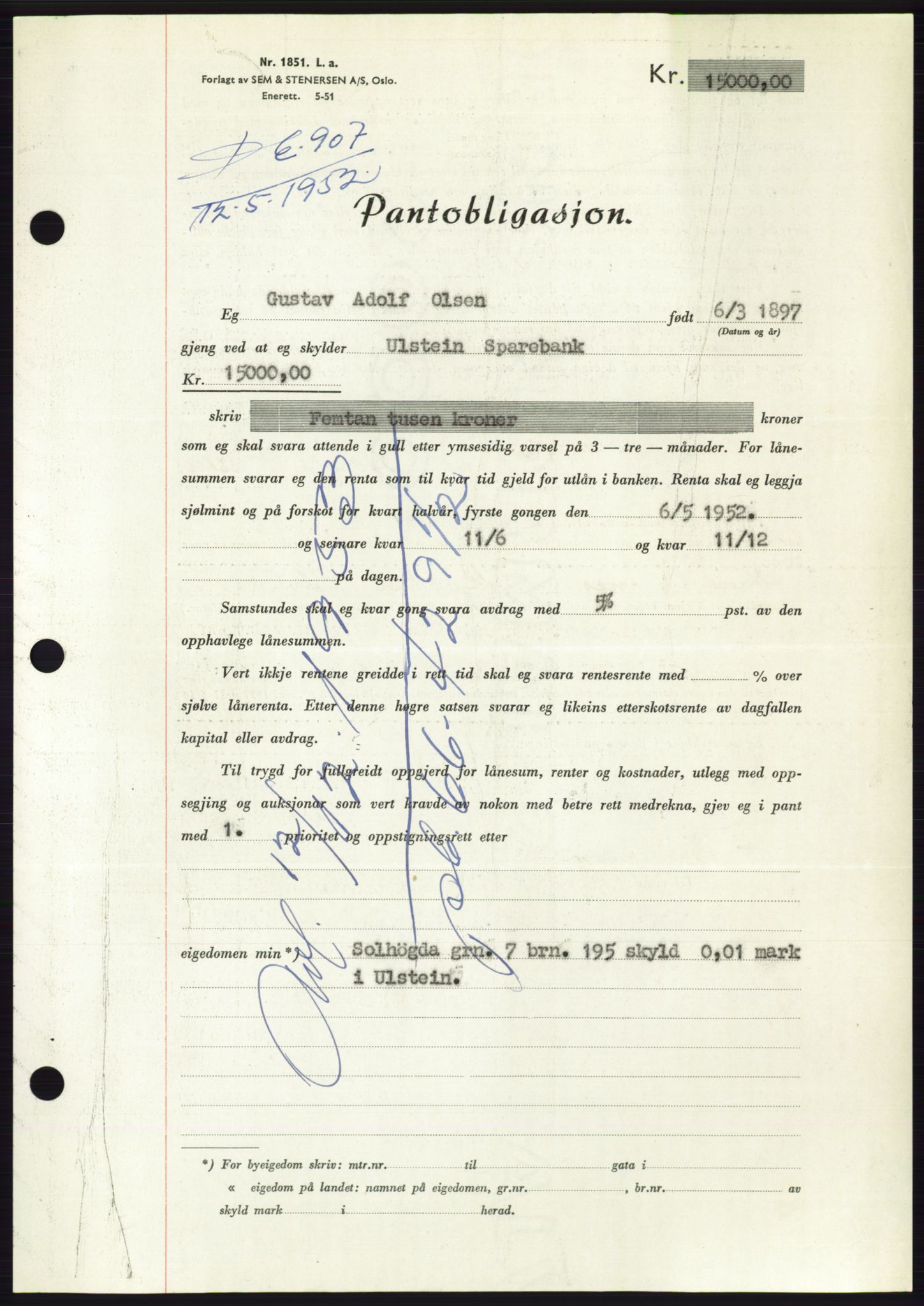 Søre Sunnmøre sorenskriveri, AV/SAT-A-4122/1/2/2C/L0121: Pantebok nr. 9B, 1951-1952, Dagboknr: 907/1952