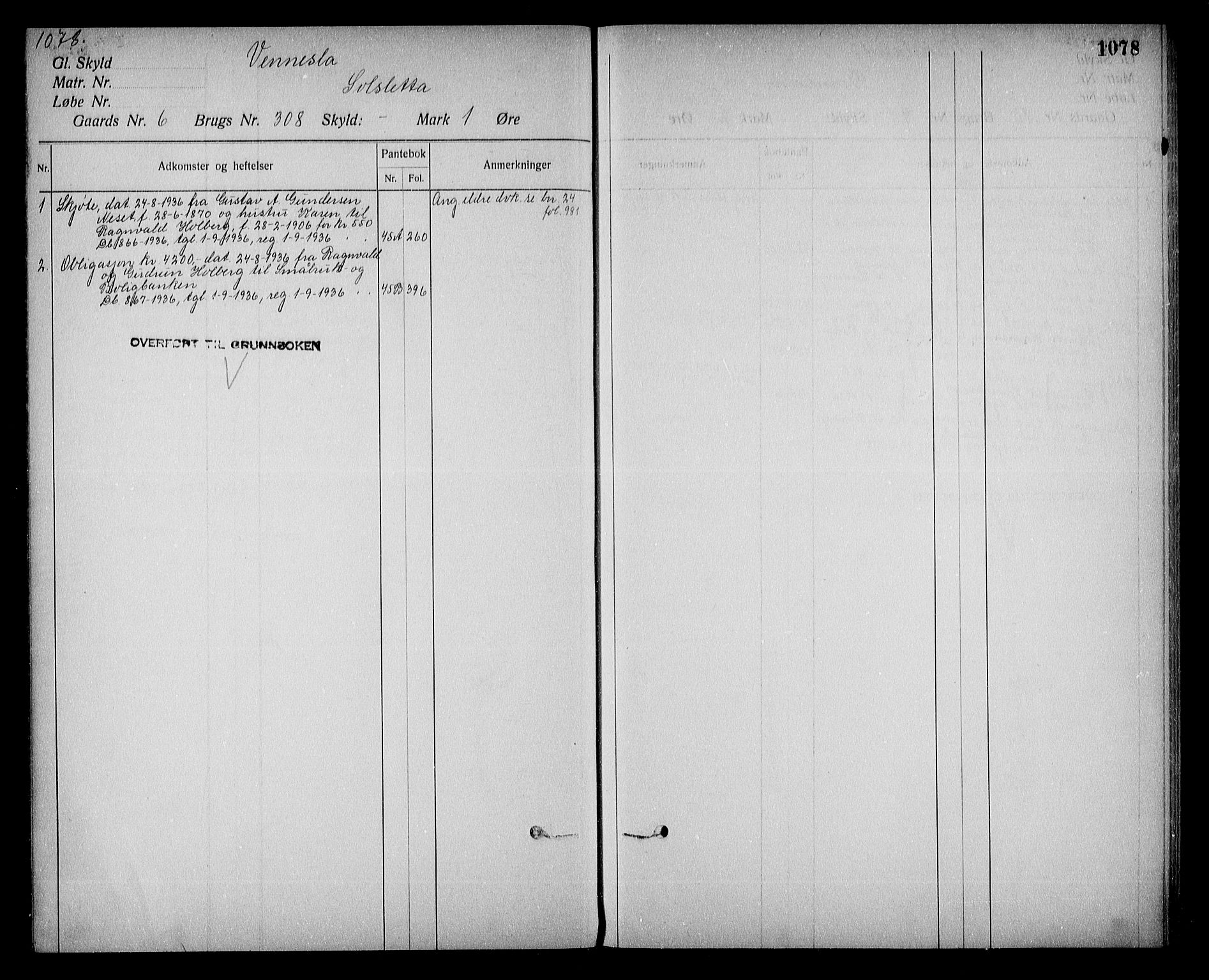 Torridal sorenskriveri, AV/SAK-1221-0012/G/Ga/L0007: Panteregister nr. 7, 1810-1939, s. 1078