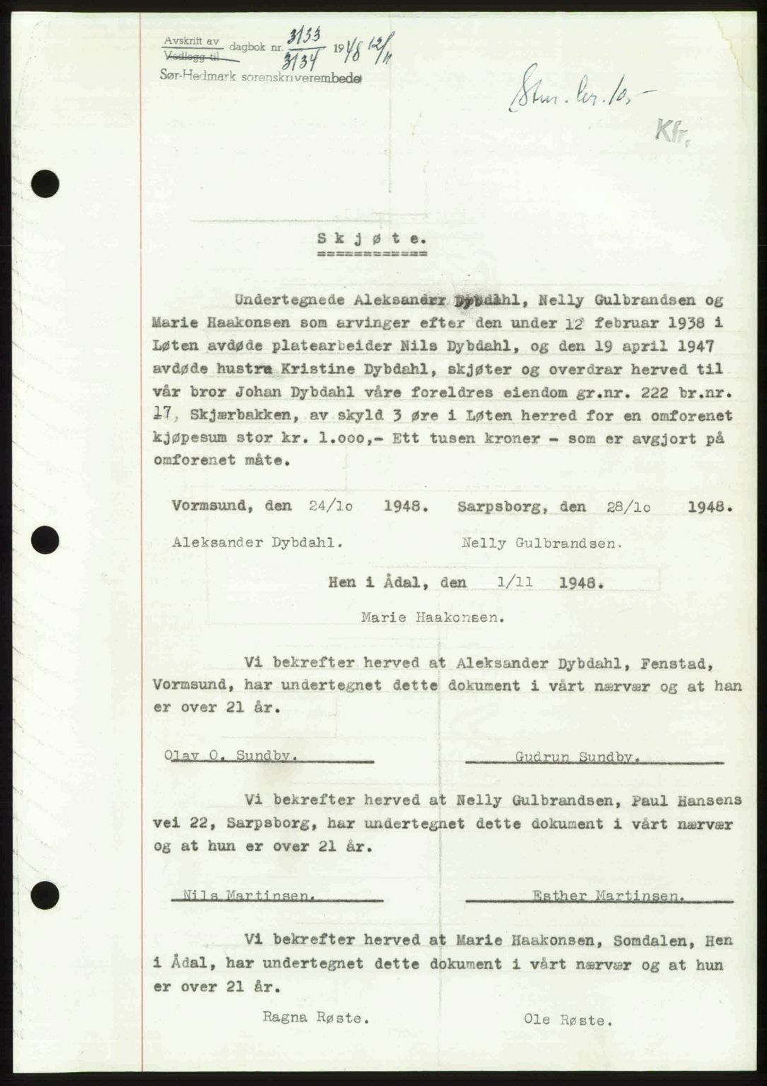 Sør-Hedmark sorenskriveri, SAH/TING-014/H/Hb/Hbd/L0018: Pantebok nr. 18, 1948-1949, Dagboknr: 3133/1948