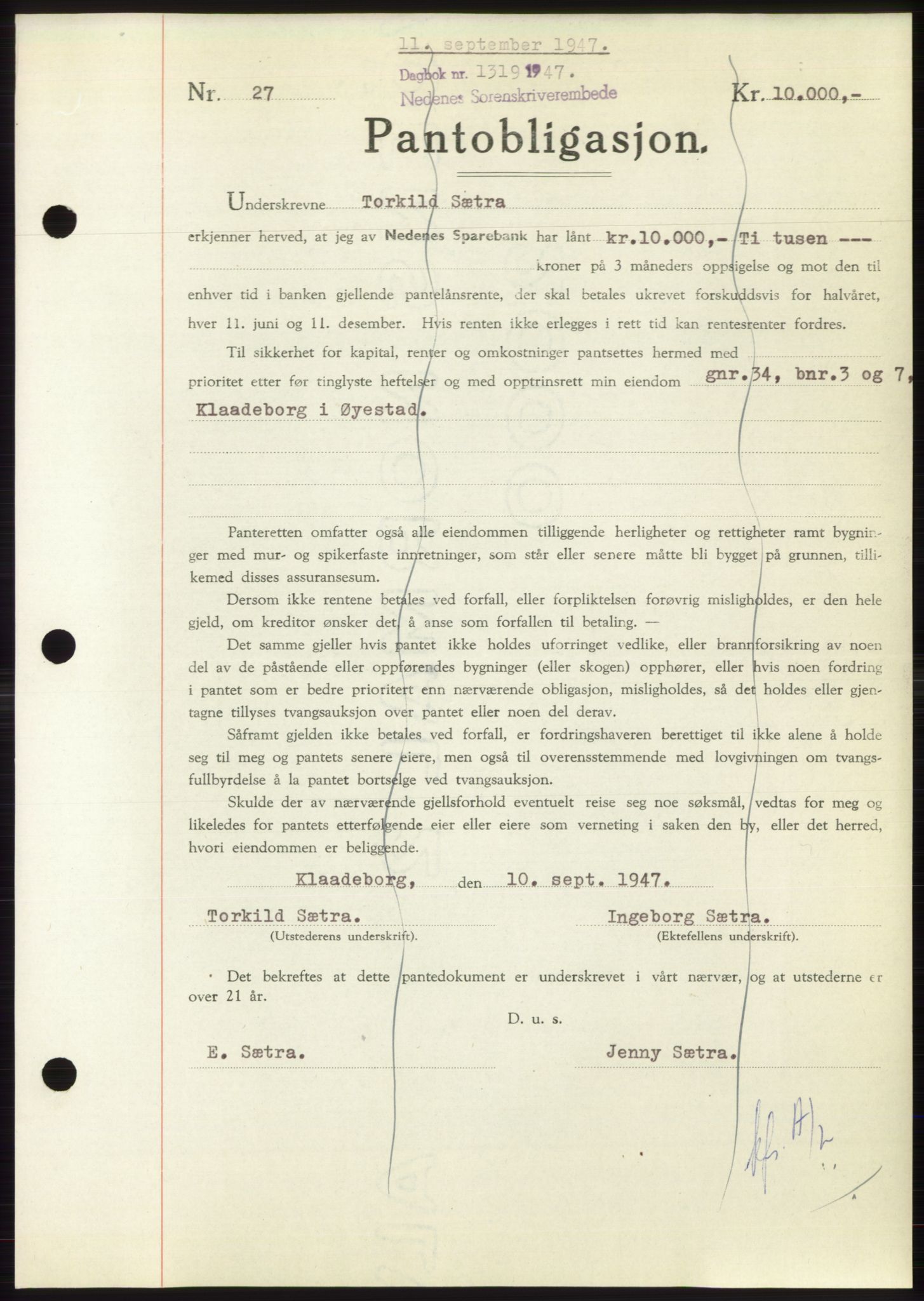 Nedenes sorenskriveri, SAK/1221-0006/G/Gb/Gbb/L0004: Pantebok nr. B4, 1947-1947, Dagboknr: 1319/1947