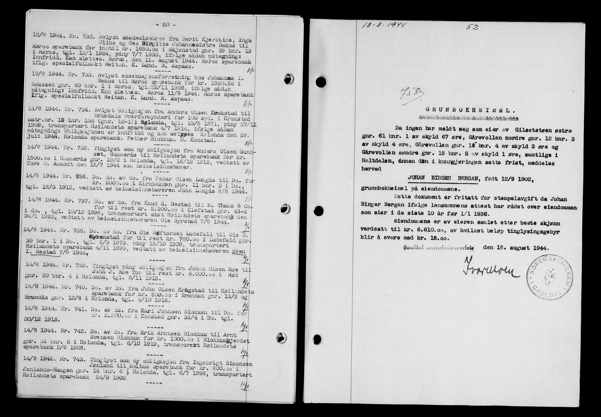 Gauldal sorenskriveri, SAT/A-0014/1/2/2C/L0058: Pantebok nr. 63, 1944-1945, Dagboknr: 758/1944