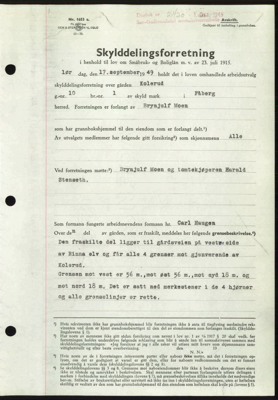 Sør-Gudbrandsdal tingrett, SAH/TING-004/H/Hb/Hbd/L0026: Pantebok nr. A26, 1949-1949, Dagboknr: 2420/1949