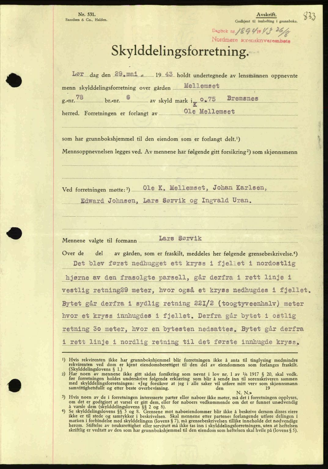 Nordmøre sorenskriveri, AV/SAT-A-4132/1/2/2Ca: Pantebok nr. A95, 1943-1943, Dagboknr: 1894/1943