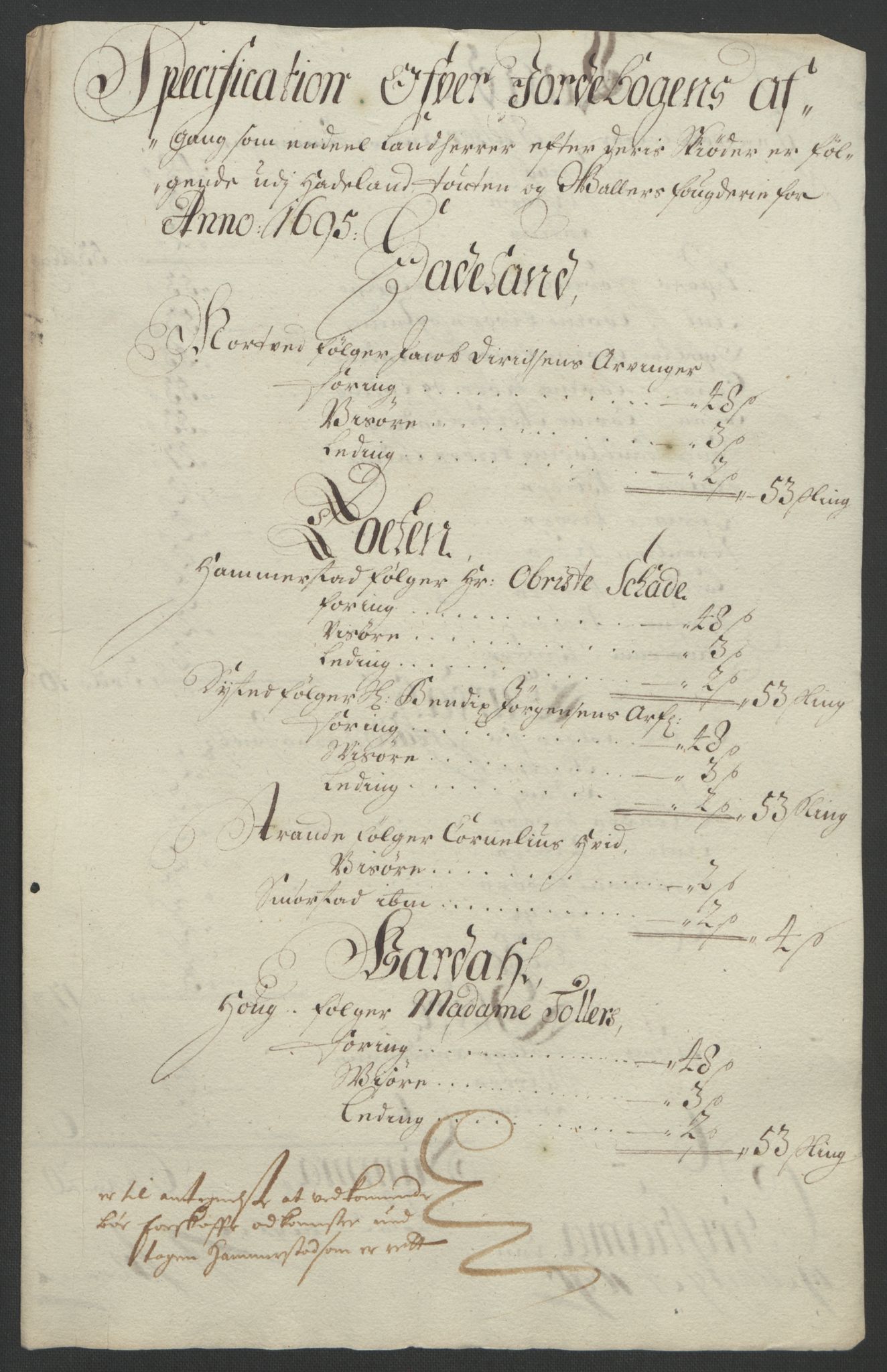 Rentekammeret inntil 1814, Reviderte regnskaper, Fogderegnskap, RA/EA-4092/R18/L1293: Fogderegnskap Hadeland, Toten og Valdres, 1695, s. 166