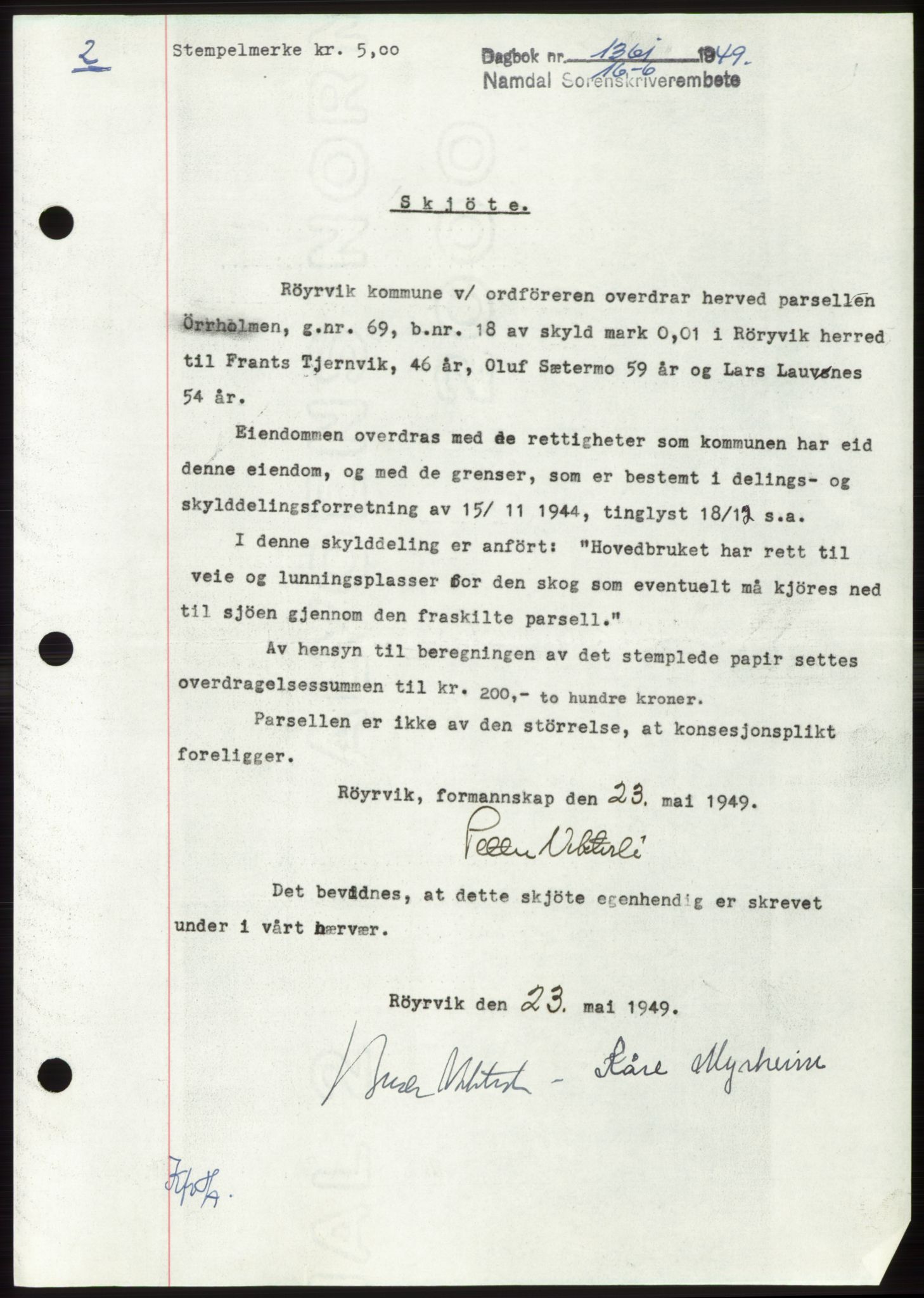 Namdal sorenskriveri, SAT/A-4133/1/2/2C: Pantebok nr. -, 1949-1949, Dagboknr: 1361/1949