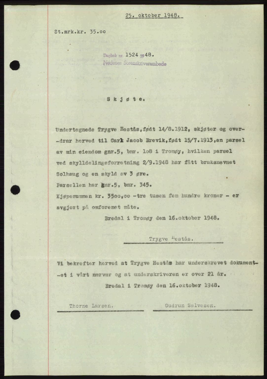 Nedenes sorenskriveri, AV/SAK-1221-0006/G/Gb/Gba/L0059: Pantebok nr. A11, 1948-1948, Dagboknr: 1524/1948