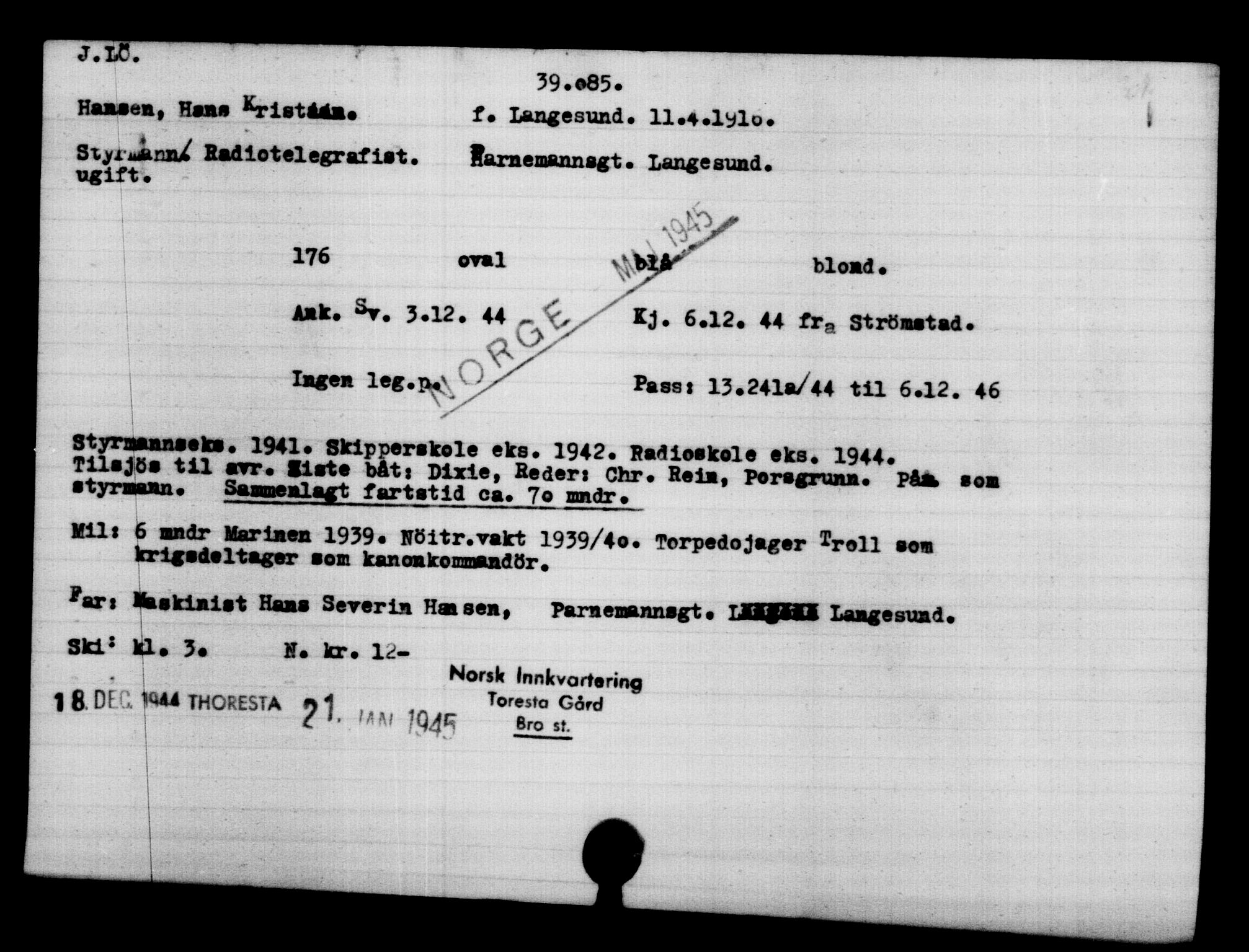 Utenriksstasjonene, Legasjonen i Stockholm, Flyktningkontoret, AV/RA-S-6753/V/Va/L0015: Kjesäterkartoteket, flyktninger med registreringsnr. 37800-40770, 1940-1945, s. 1319