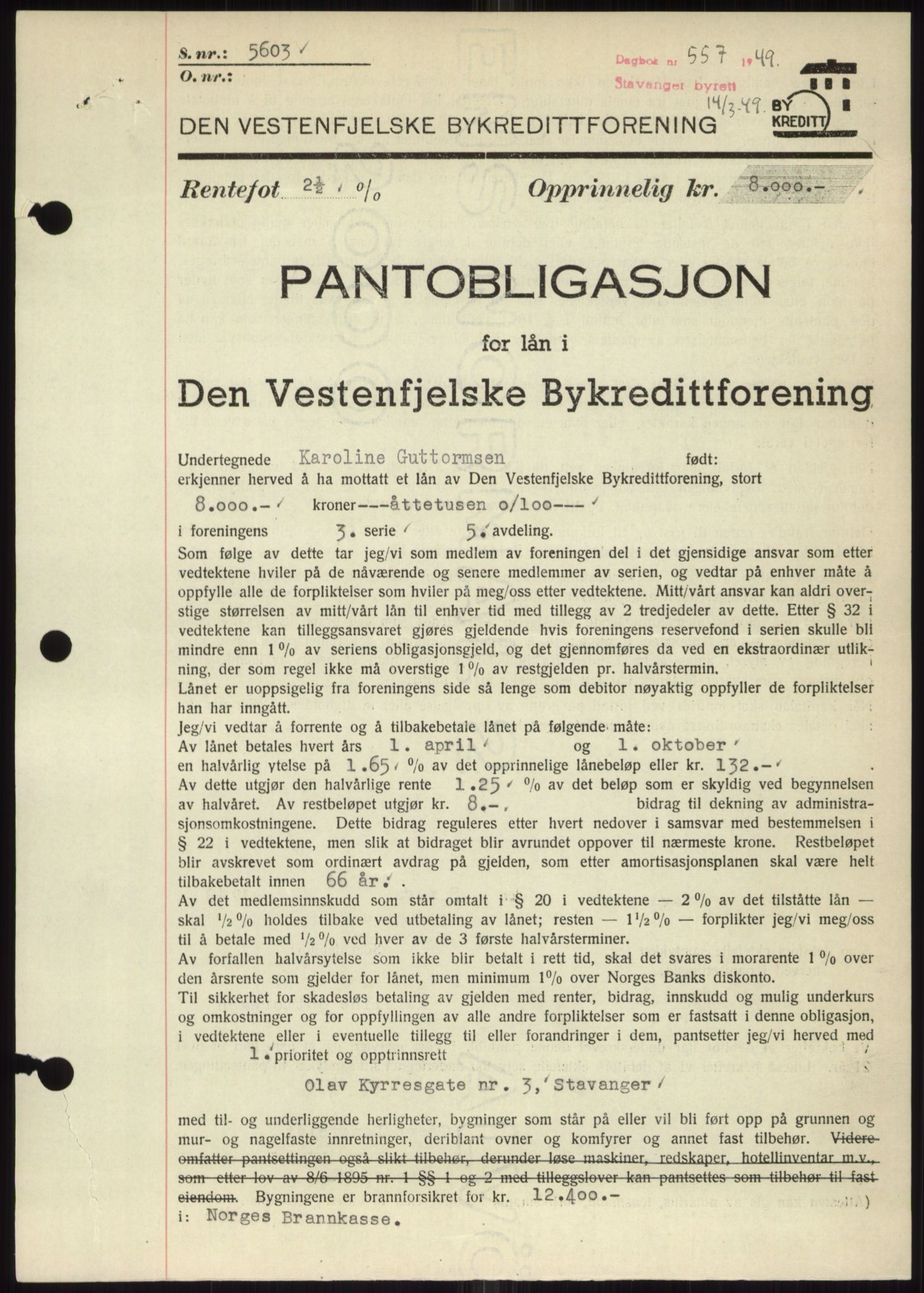 Stavanger byrett, SAST/A-100455/002/G/Gb/L0032: Pantebok, 1947-1950, Dagboknr: 557/1949