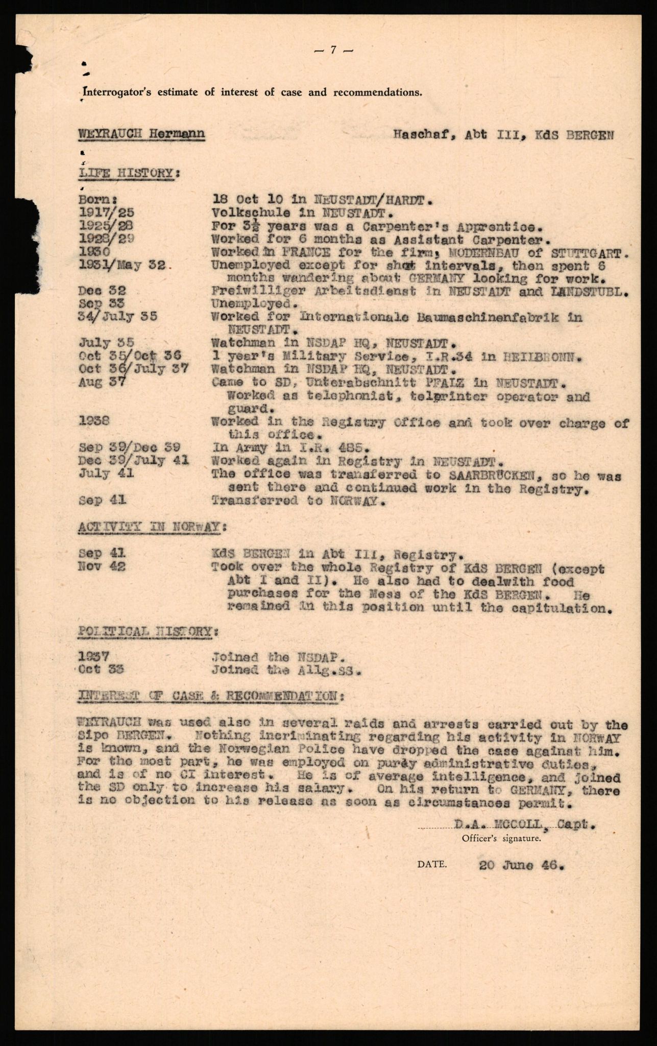 Forsvaret, Forsvarets overkommando II, RA/RAFA-3915/D/Db/L0035: CI Questionaires. Tyske okkupasjonsstyrker i Norge. Tyskere., 1945-1946, s. 488