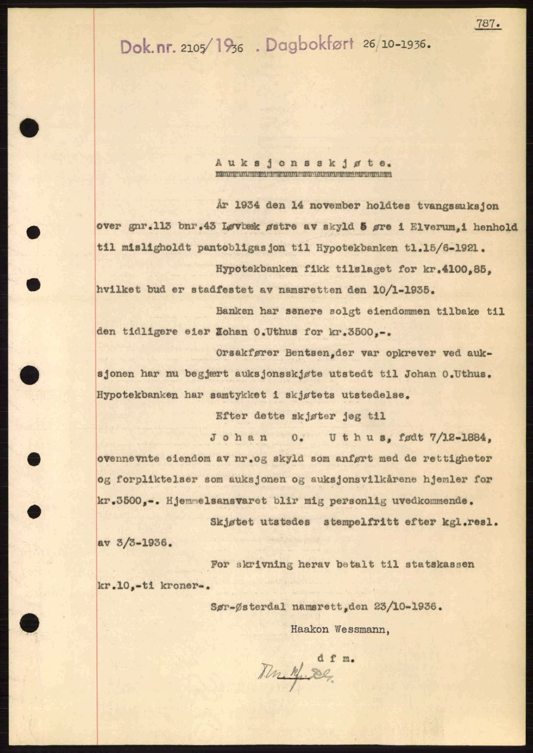 Sør-Østerdal sorenskriveri, SAH/TING-018/H/Hb/Hbb/L0054: Pantebok nr. A54, 1936-1936, Dagboknr: 2105/1936