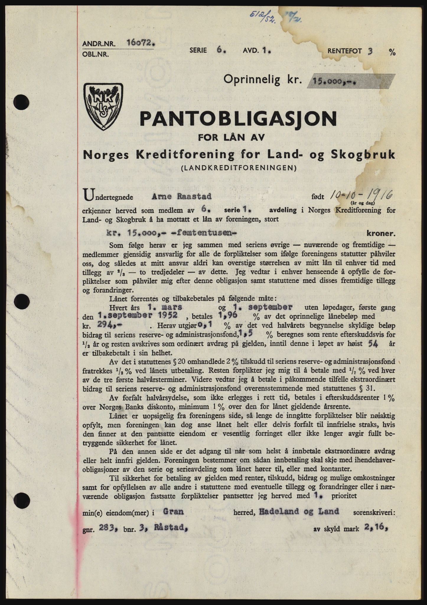 Hadeland og Land tingrett, SAH/TING-010/H/Hb/Hbc/L0023: Pantebok nr. B23, 1952-1952, Dagboknr: 512/1952