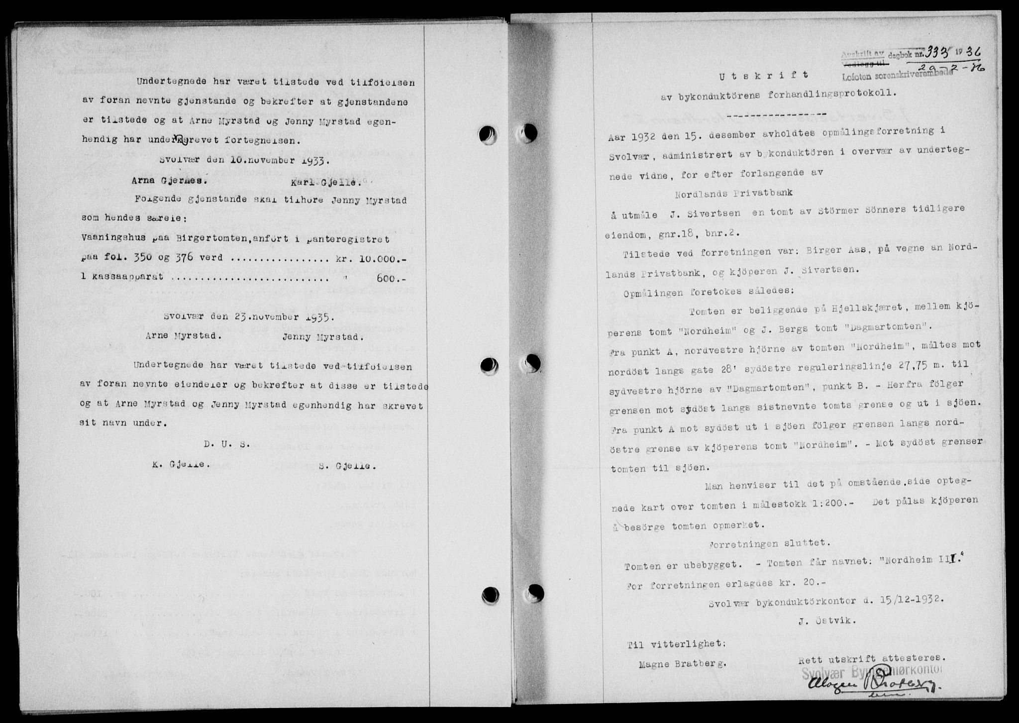 Lofoten sorenskriveri, SAT/A-0017/1/2/2C/L0033b: Pantebok nr. 33b, 1936-1936, Dagboknr: 333/1936