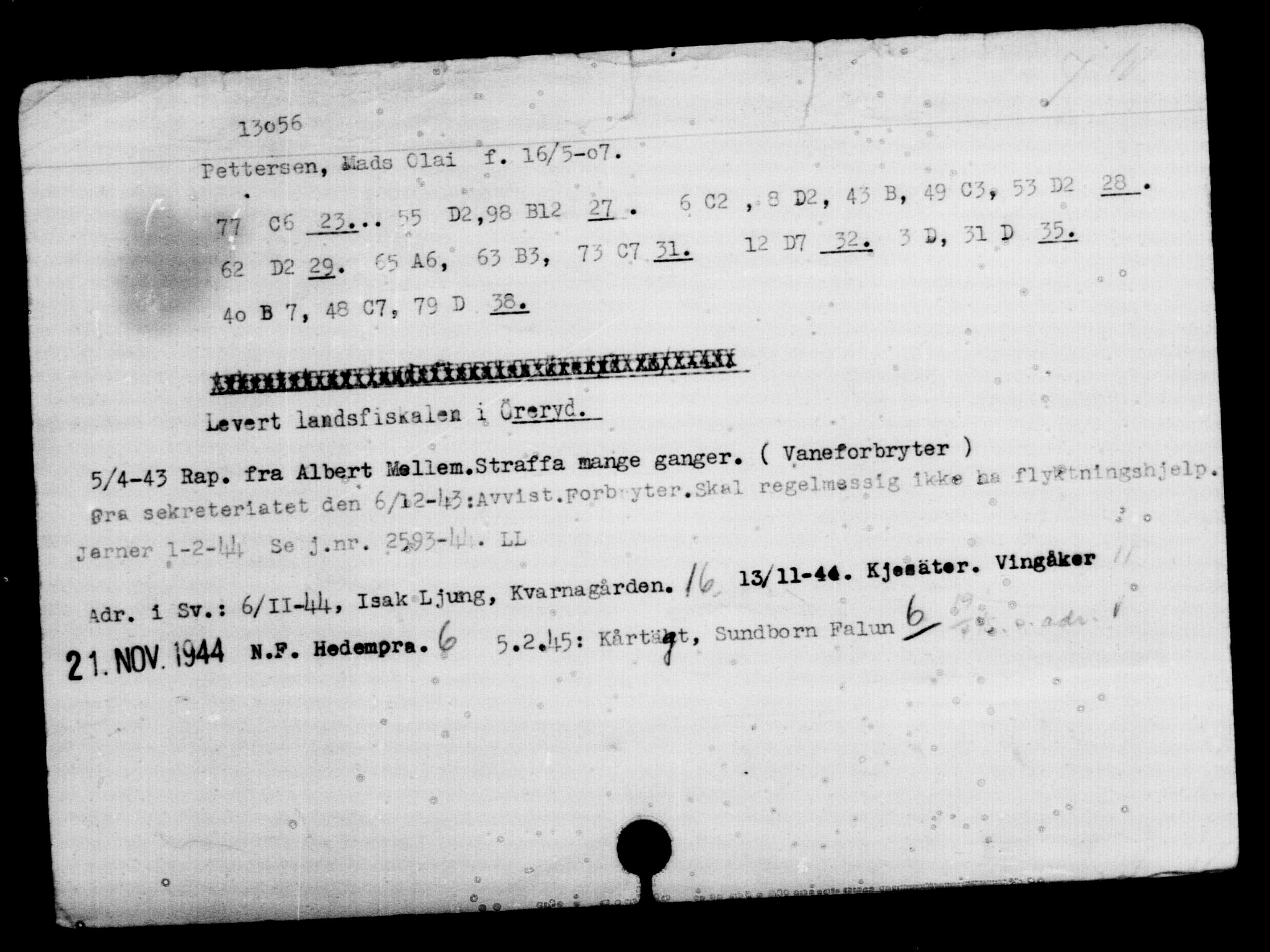 Utenriksstasjonene, Legasjonen i Stockholm, Flyktningkontoret, AV/RA-S-6753/V/Va/L0007: Kjesäterkartoteket, flyktninger med registreringsnr. 12700-15723, 1940-1945, s. 415