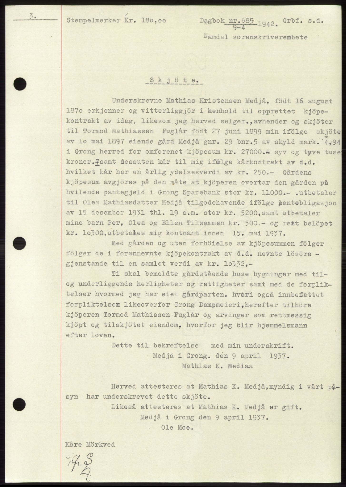 Namdal sorenskriveri, SAT/A-4133/1/2/2C: Pantebok nr. -, 1941-1942, Dagboknr: 685/1942