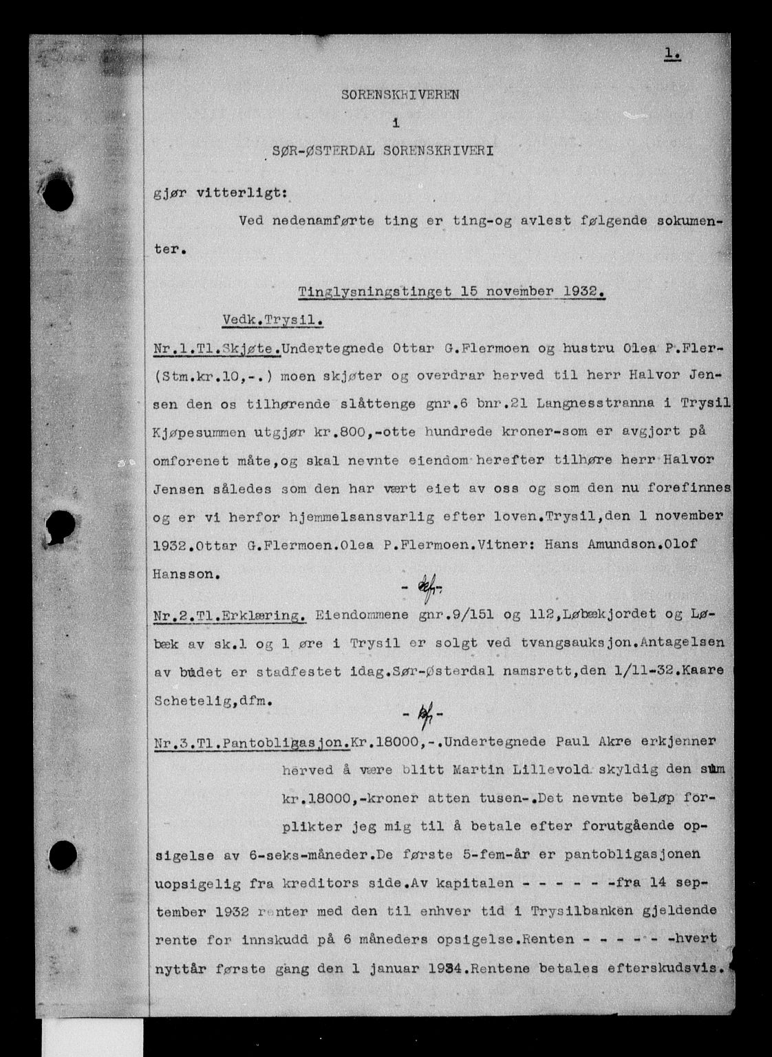 Sør-Østerdal sorenskriveri, AV/SAH-TING-018/H/Hb/Hba/L0049: Pantebok nr. 49, 1932-1933, s. 1