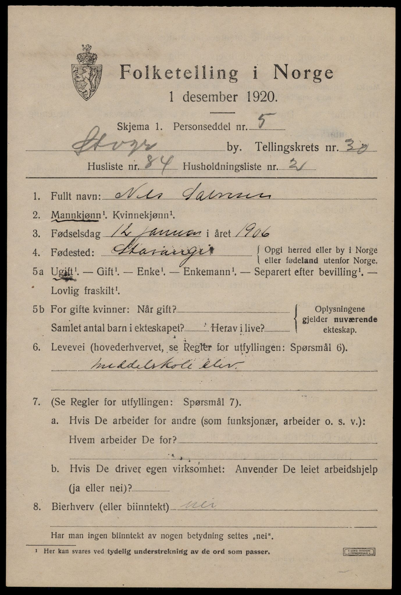 SAST, Folketelling 1920 for 1103 Stavanger kjøpstad, 1920, s. 86384