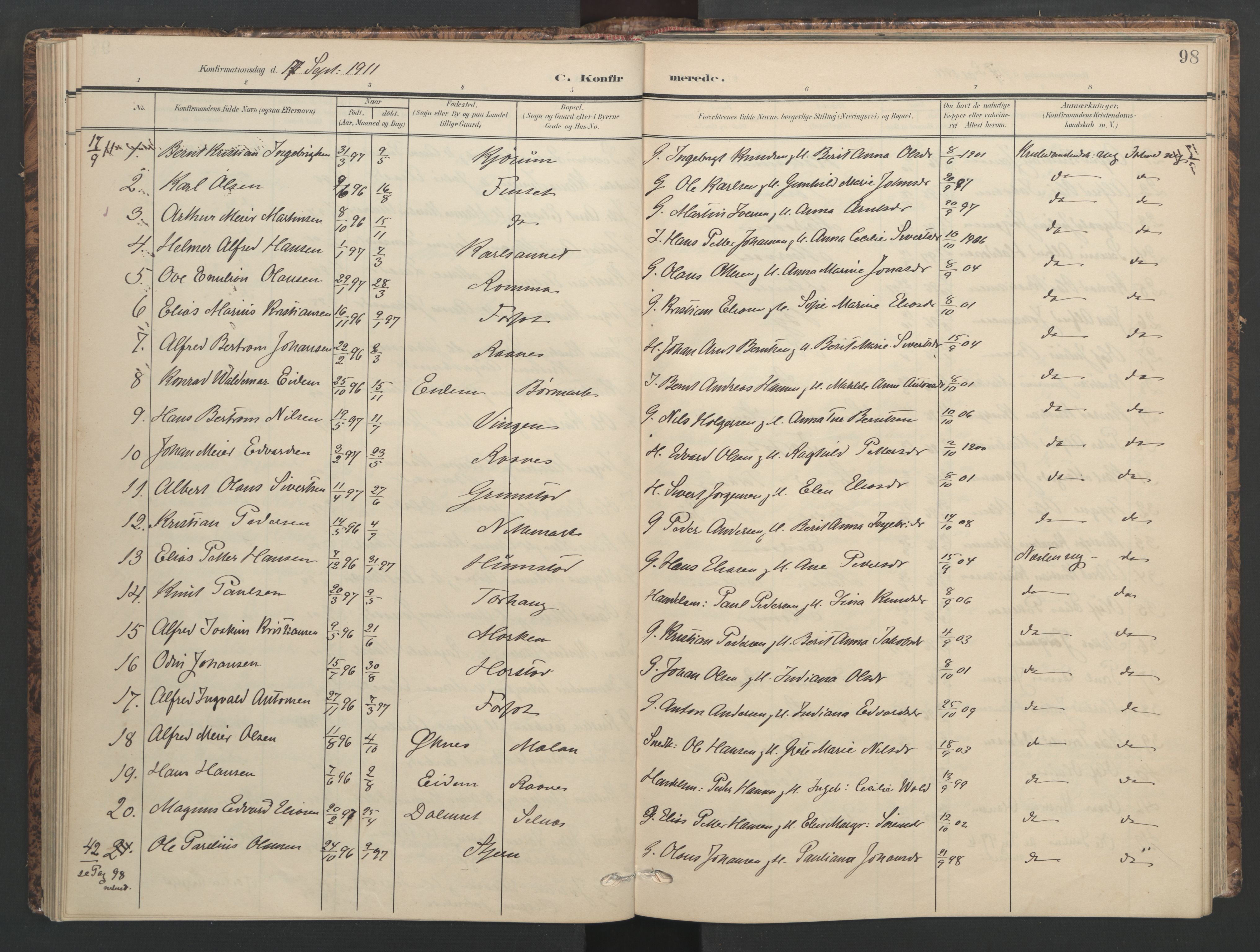 Ministerialprotokoller, klokkerbøker og fødselsregistre - Sør-Trøndelag, AV/SAT-A-1456/655/L0682: Ministerialbok nr. 655A11, 1908-1922, s. 98