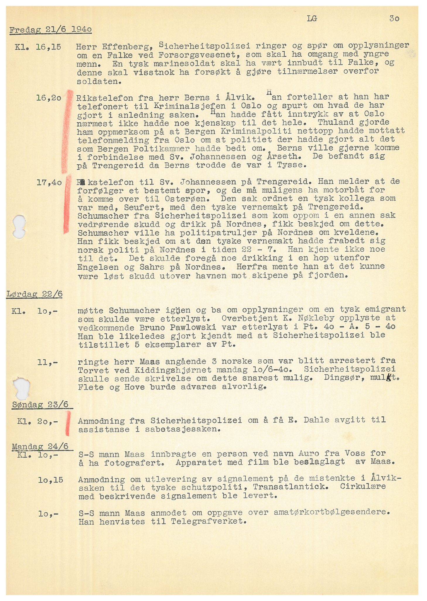 Bergen politikammer / politidistrikt, AV/SAB-A-60401/Y/Ye/L0001: Avskrift av krigsdagbok av Dankert Thuland, 1940-1941, s. 30