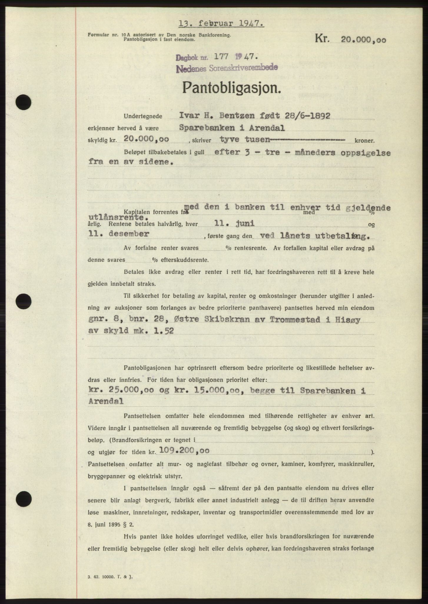 Nedenes sorenskriveri, AV/SAK-1221-0006/G/Gb/Gbb/L0004: Pantebok nr. B4, 1947-1947, Dagboknr: 177/1947