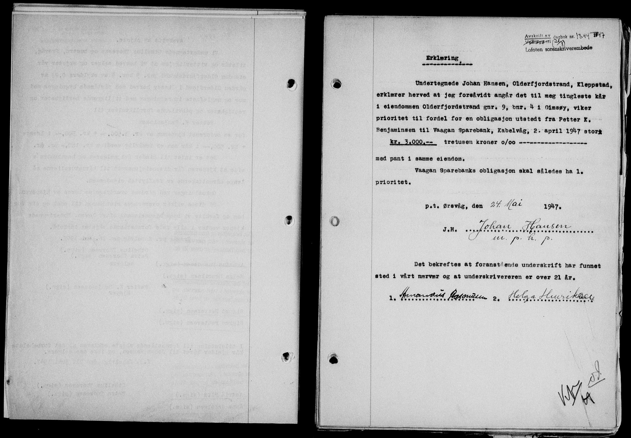 Lofoten sorenskriveri, SAT/A-0017/1/2/2C/L0016a: Pantebok nr. 16a, 1947-1947, Dagboknr: 1344/1947
