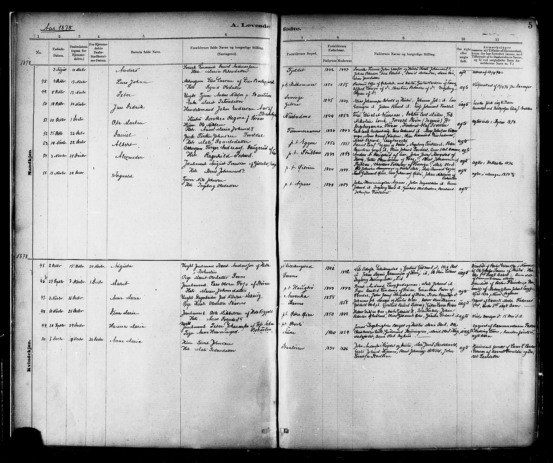 Ministerialprotokoller, klokkerbøker og fødselsregistre - Nord-Trøndelag, SAT/A-1458/706/L0047: Ministerialbok nr. 706A03, 1878-1892, s. 5