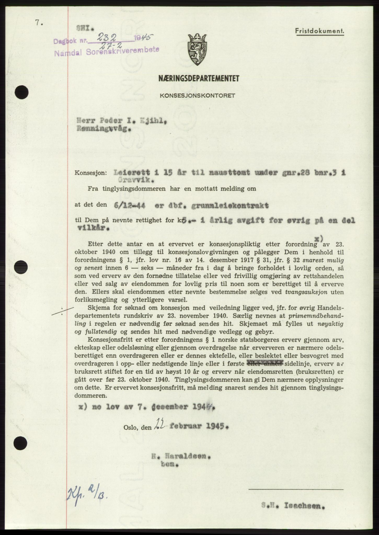 Namdal sorenskriveri, SAT/A-4133/1/2/2C: Pantebok nr. -, 1944-1945, Dagboknr: 232/1945