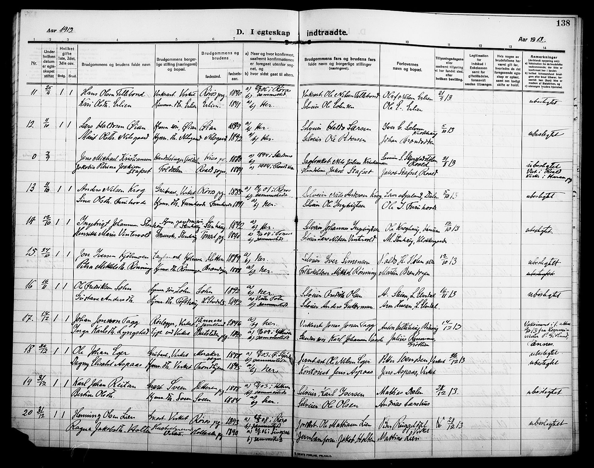 Alvdal prestekontor, AV/SAH-PREST-060/H/Ha/Hab/L0006: Klokkerbok nr. 6, 1910-1924, s. 138