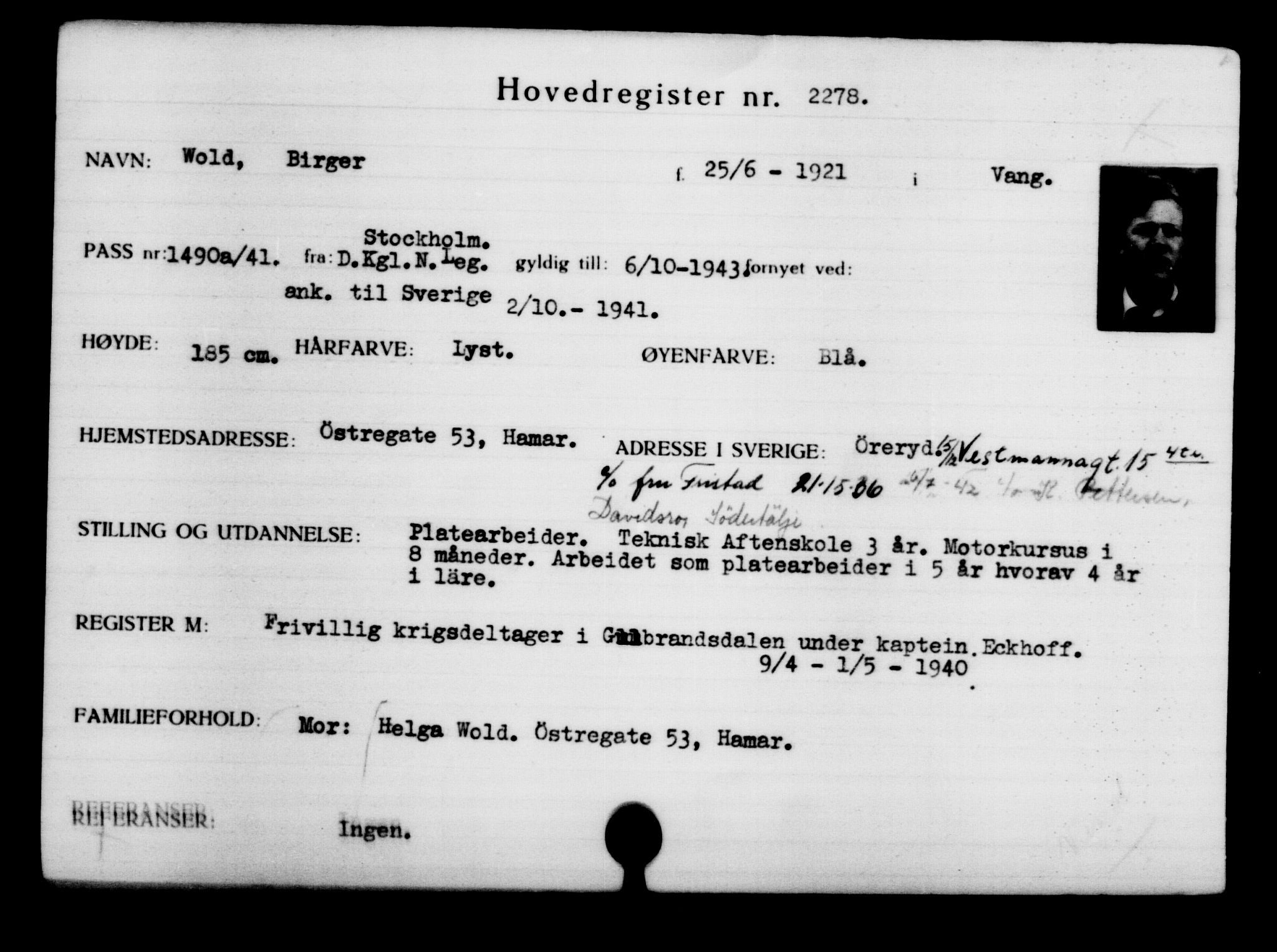 Utenriksstasjonene, Legasjonen i Stockholm, Flyktningkontoret, AV/RA-S-6753/V/Va/L0003: Kjesäterkartoteket, flyktninger med registreringsnr. 2001-3495, 1940-1945, s. 391