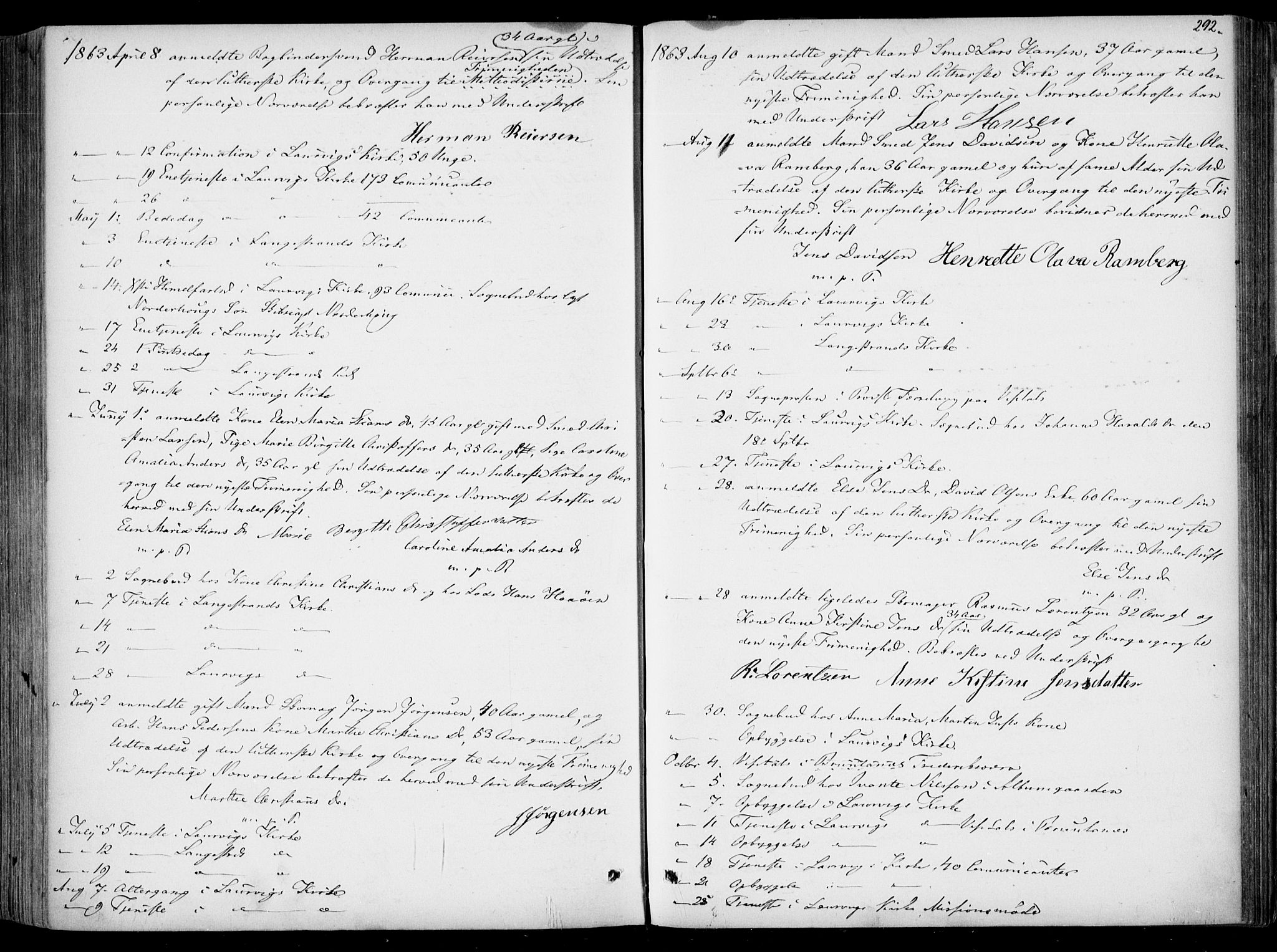 Larvik kirkebøker, AV/SAKO-A-352/F/Fa/L0005: Ministerialbok nr. I 5, 1856-1870, s. 292