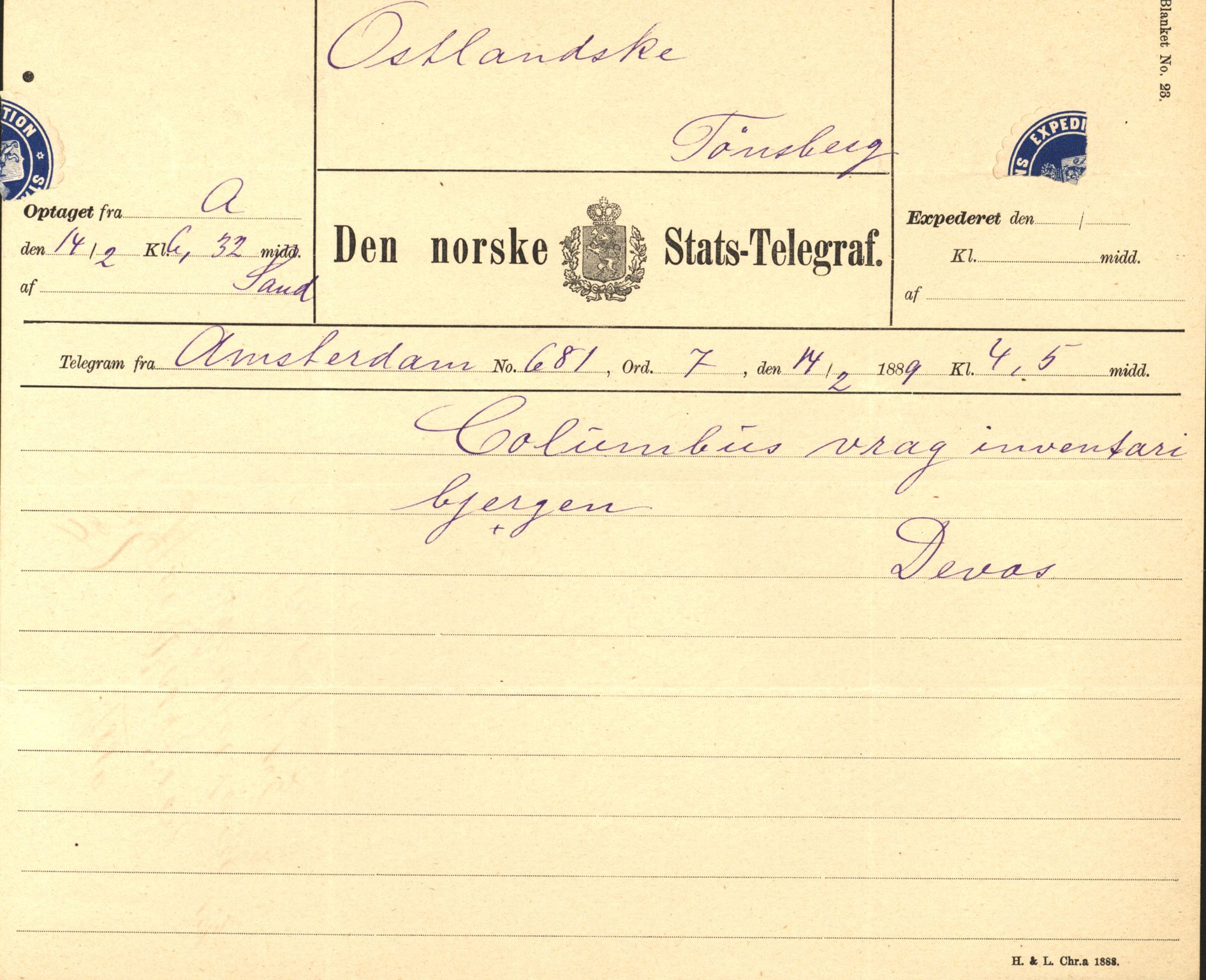 Pa 63 - Østlandske skibsassuranceforening, VEMU/A-1079/G/Ga/L0023/0012: Havaridokumenter / Columbus, Christiane Sophie, Marie, Jarlen, Kong Carl XV, 1889, s. 15