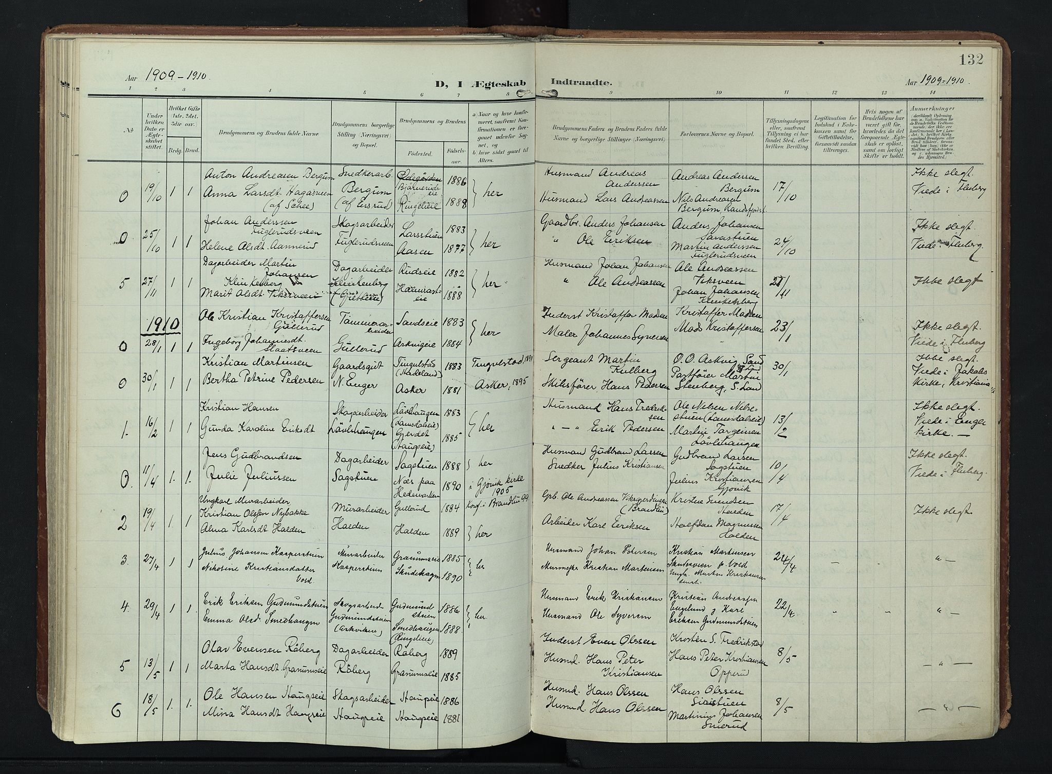 Søndre Land prestekontor, AV/SAH-PREST-122/K/L0007: Ministerialbok nr. 7, 1905-1914, s. 132
