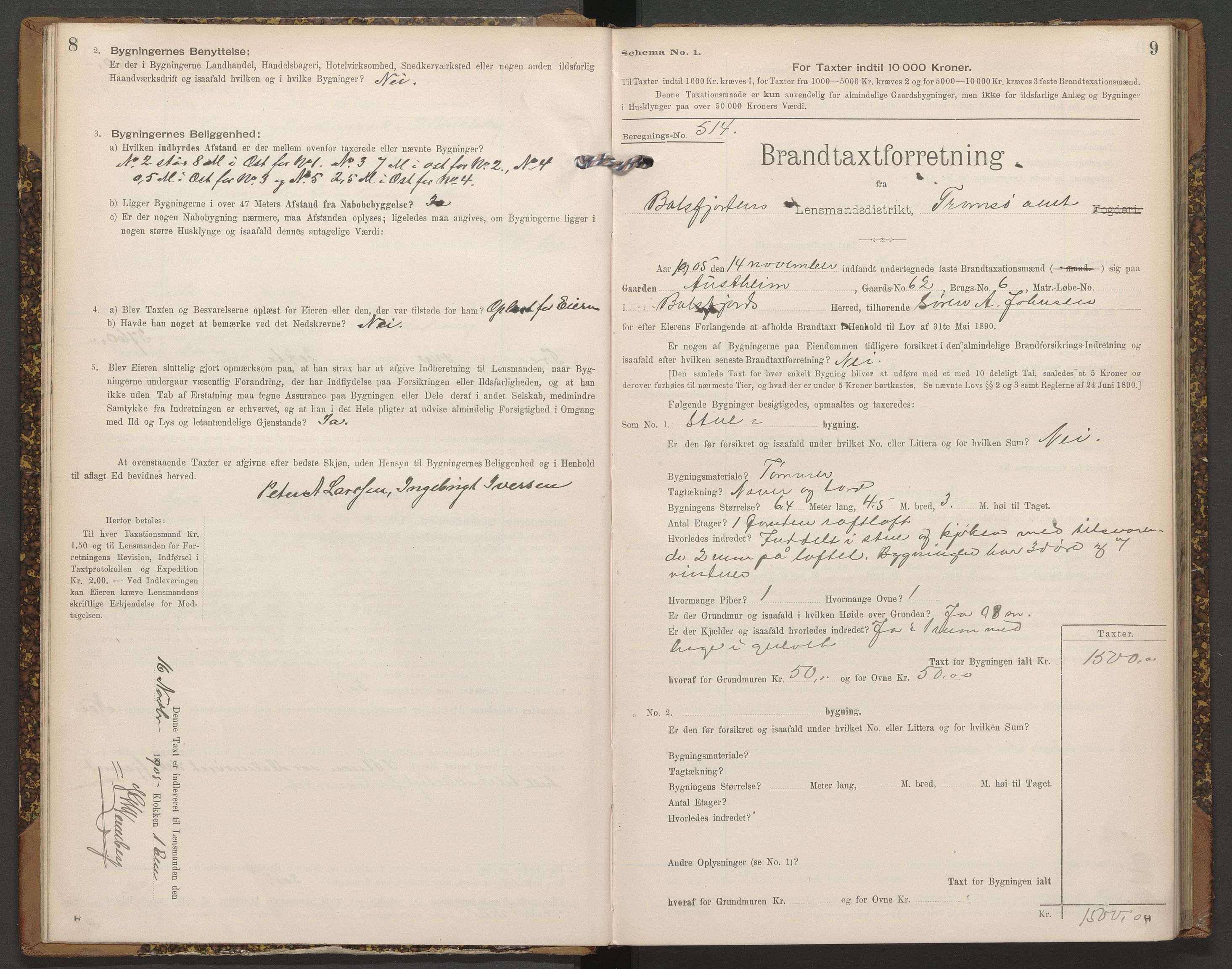 Lensmannen i Balsfjord, AV/SATØ-S-0085/Hf/Hfb/L0173: Branntakstprotokoller 1873-1960. Med register, 1905-1909