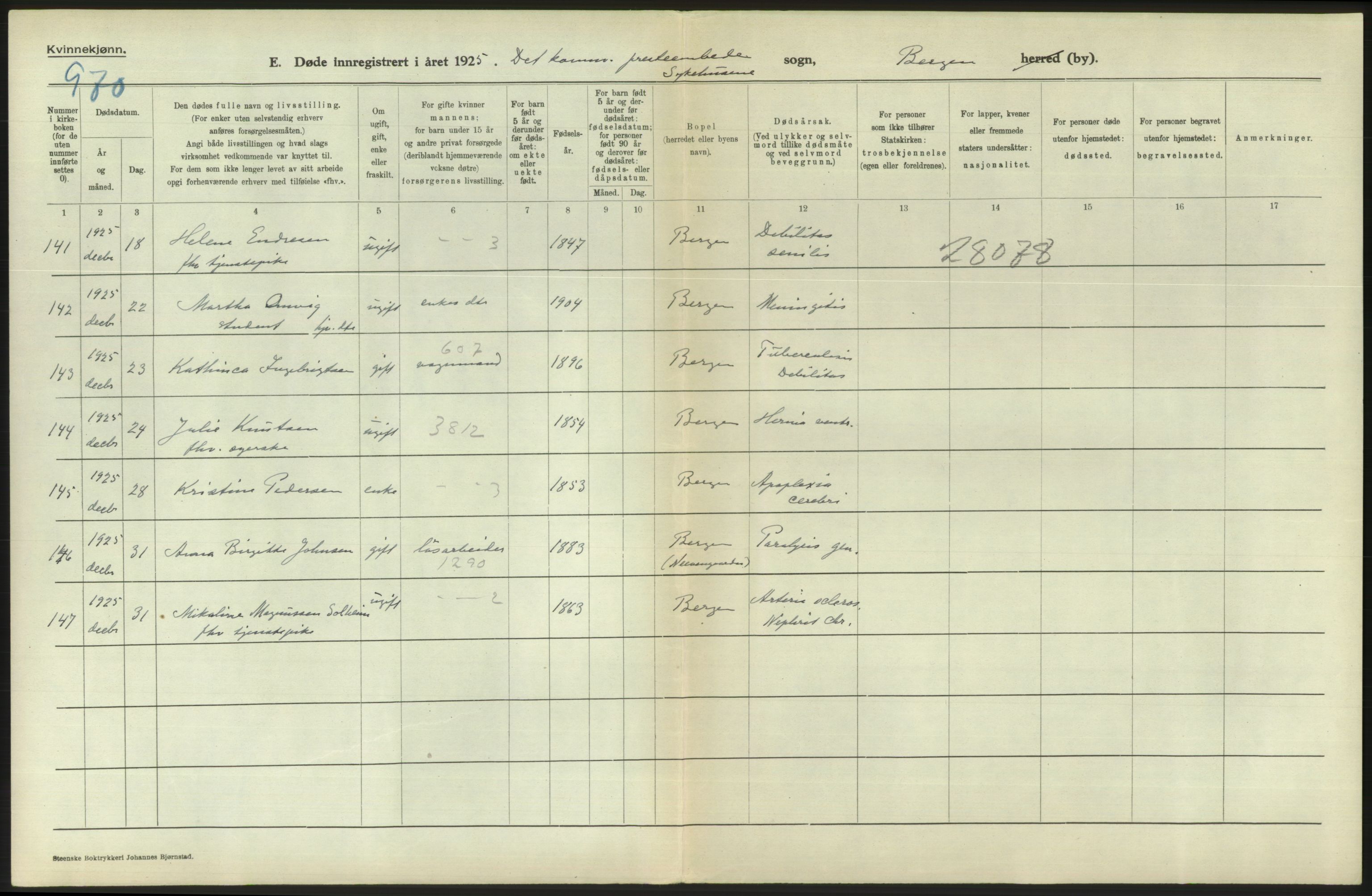 Statistisk sentralbyrå, Sosiodemografiske emner, Befolkning, RA/S-2228/D/Df/Dfc/Dfce/L0029: Bergen: Gifte, døde., 1925, s. 804