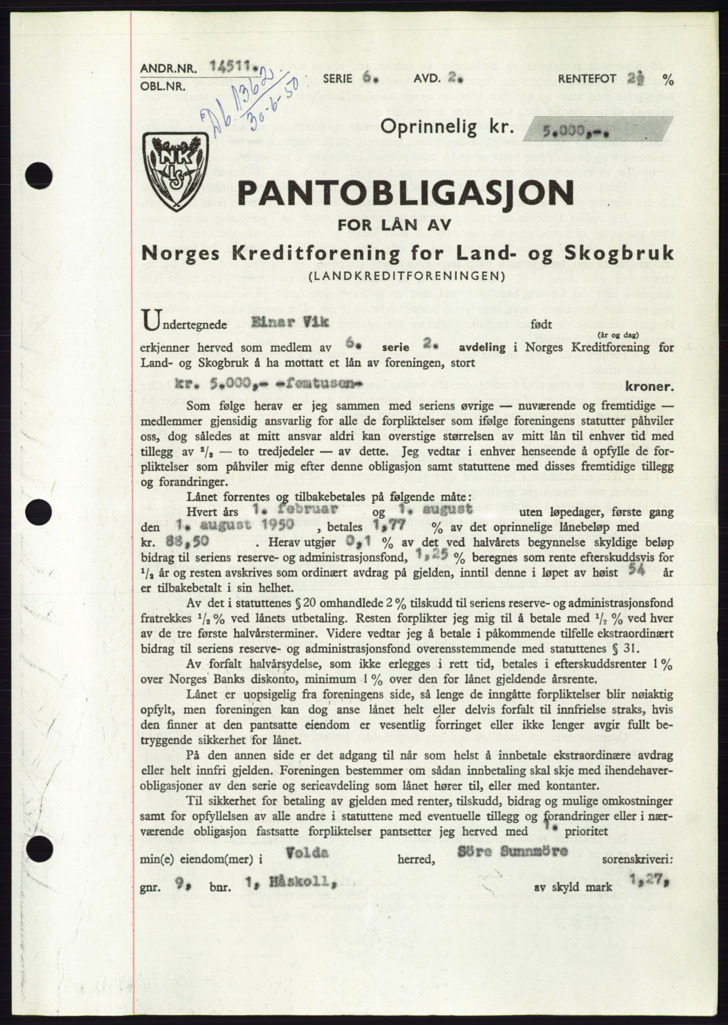Søre Sunnmøre sorenskriveri, SAT/A-4122/1/2/2C/L0118: Pantebok nr. 6B, 1949-1950, Dagboknr: 1362/1950