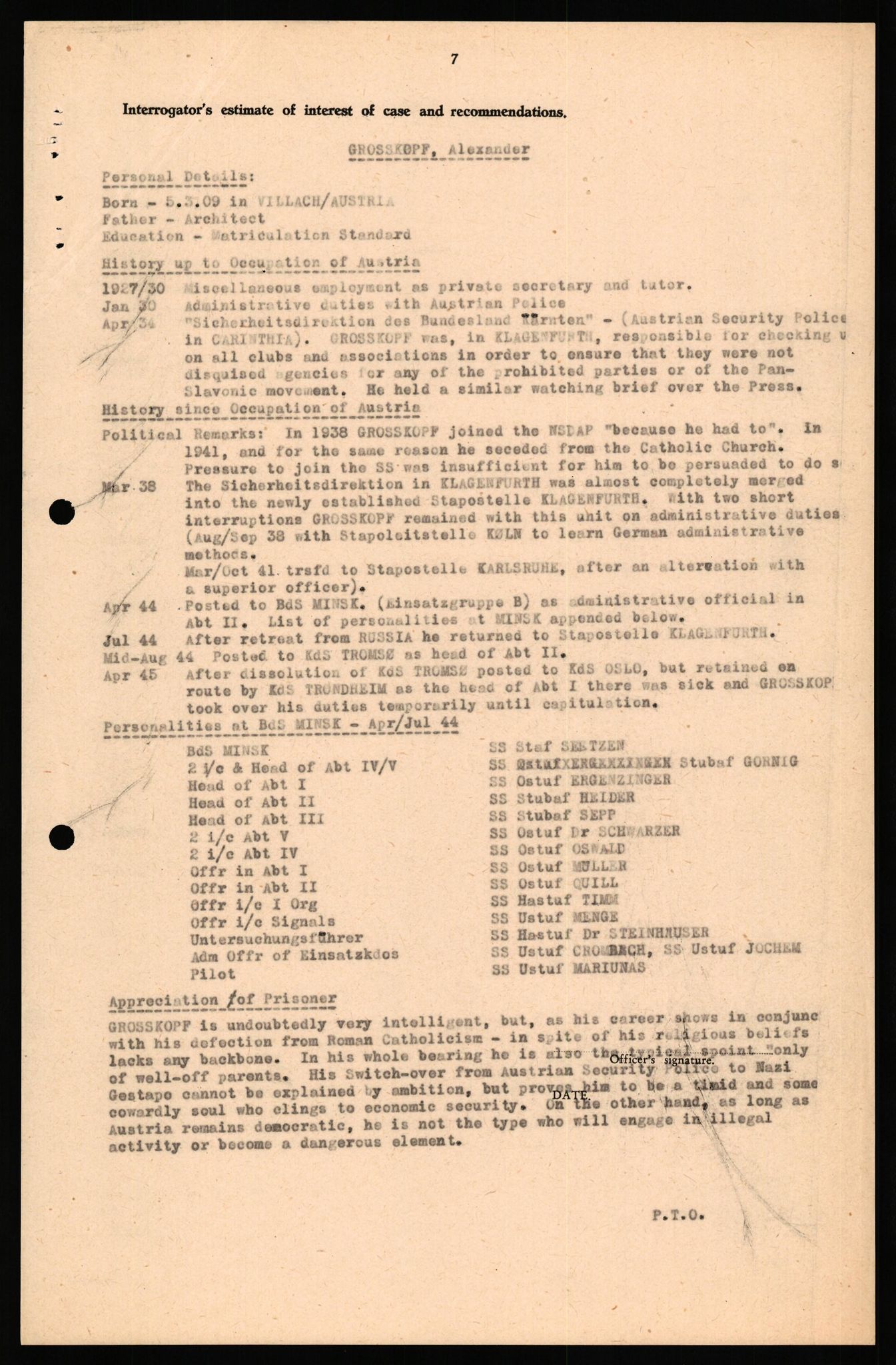 Forsvaret, Forsvarets overkommando II, RA/RAFA-3915/D/Db/L0038: CI Questionaires. Tyske okkupasjonsstyrker i Norge. Østerrikere., 1945-1946, s. 364