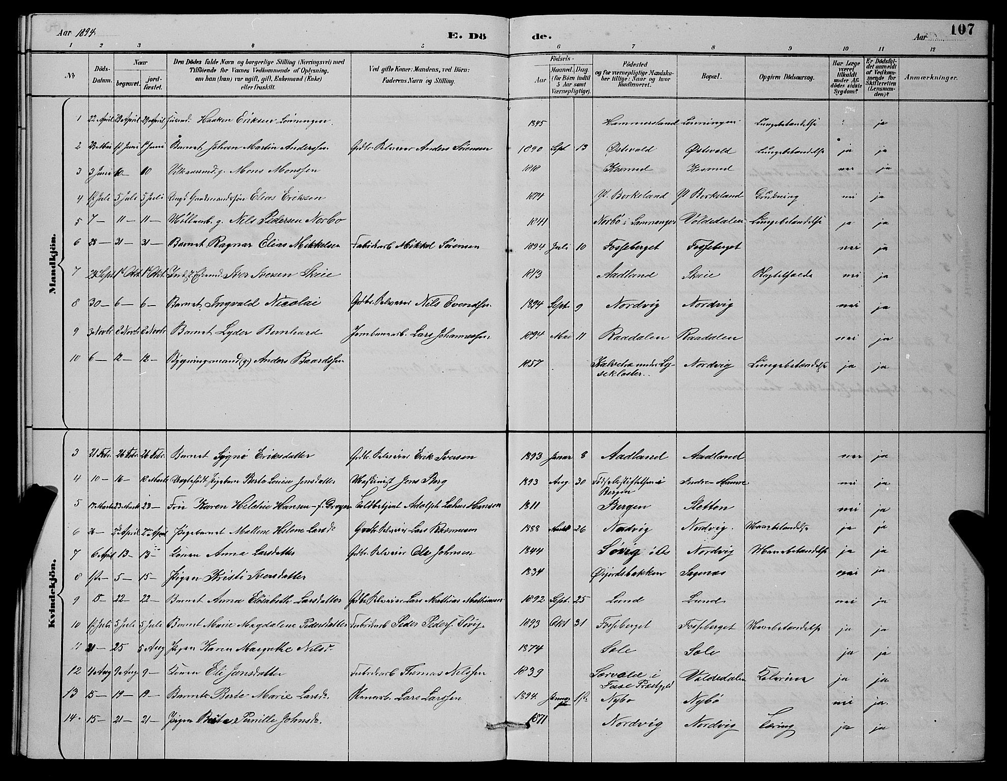 Fana Sokneprestembete, AV/SAB-A-75101/H/Hab/Haba/L0002: Klokkerbok nr. A 2, 1889-1895, s. 107