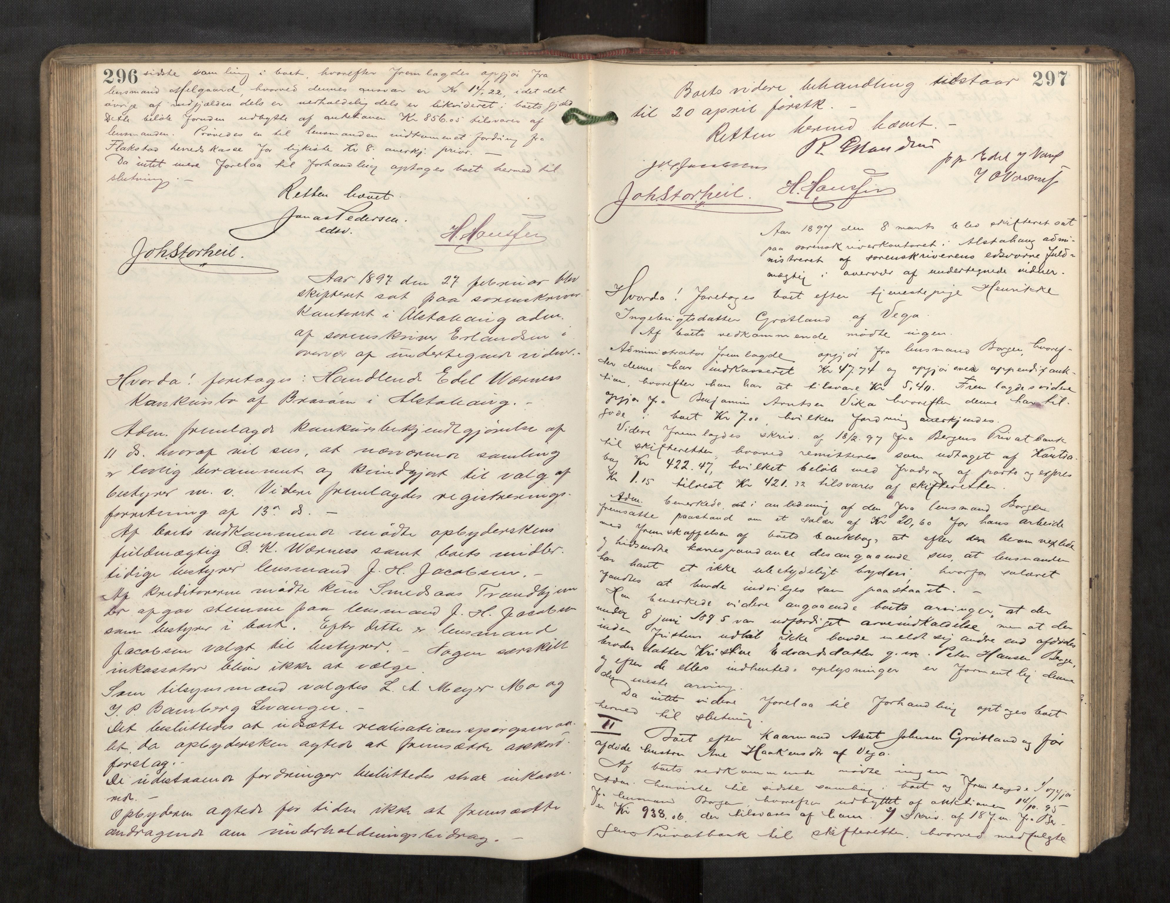 Søndre Helgeland sorenskriveri, AV/SAT-A-4575/1/3/3B/L0005: Skiftebehandlingsprotokoll, 1894-1899, s. 296-297