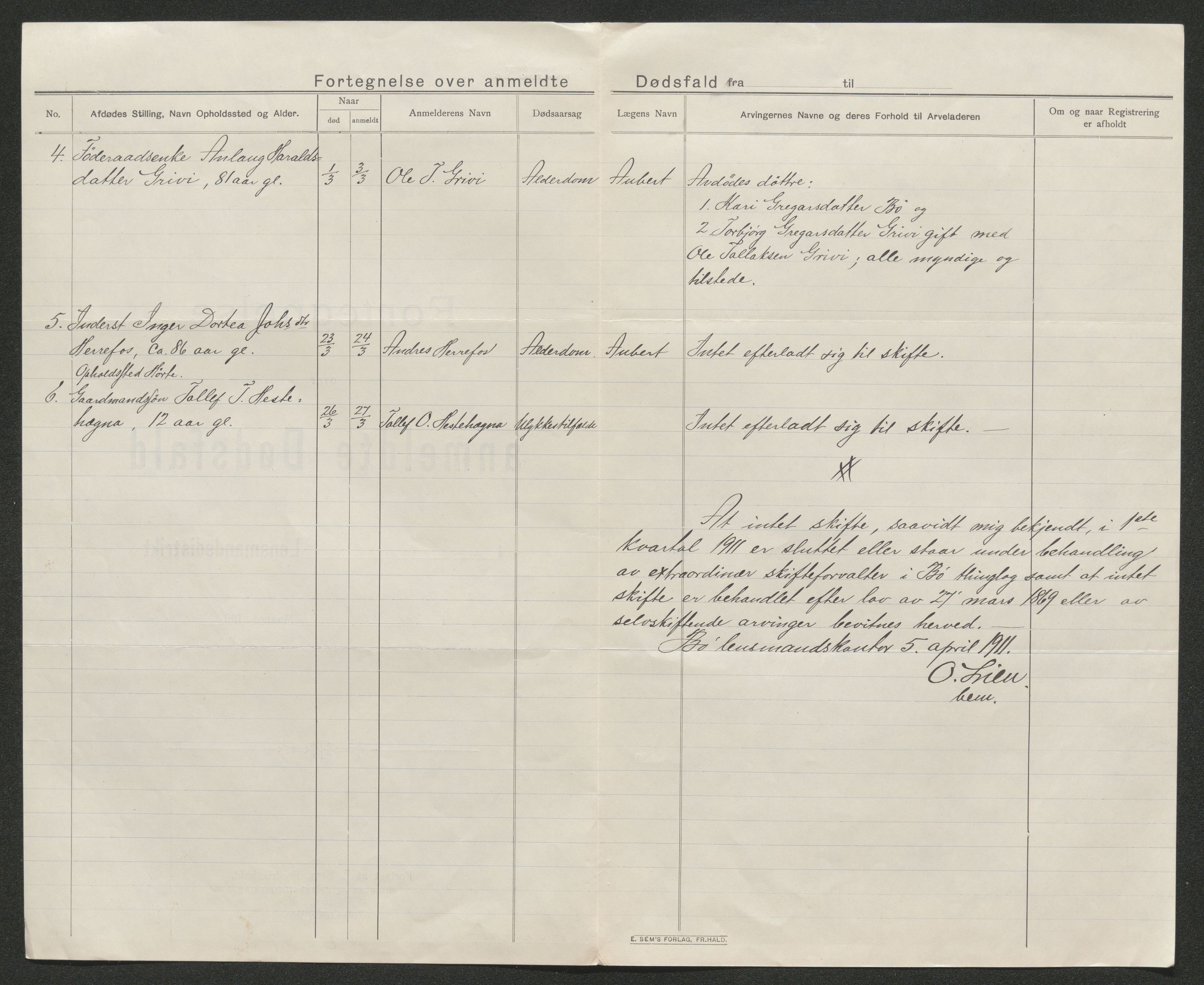 Nedre Telemark sorenskriveri, AV/SAKO-A-135/H/Ha/Hab/L0005: Dødsfallsfortegnelser
, 1911-1916, s. 11