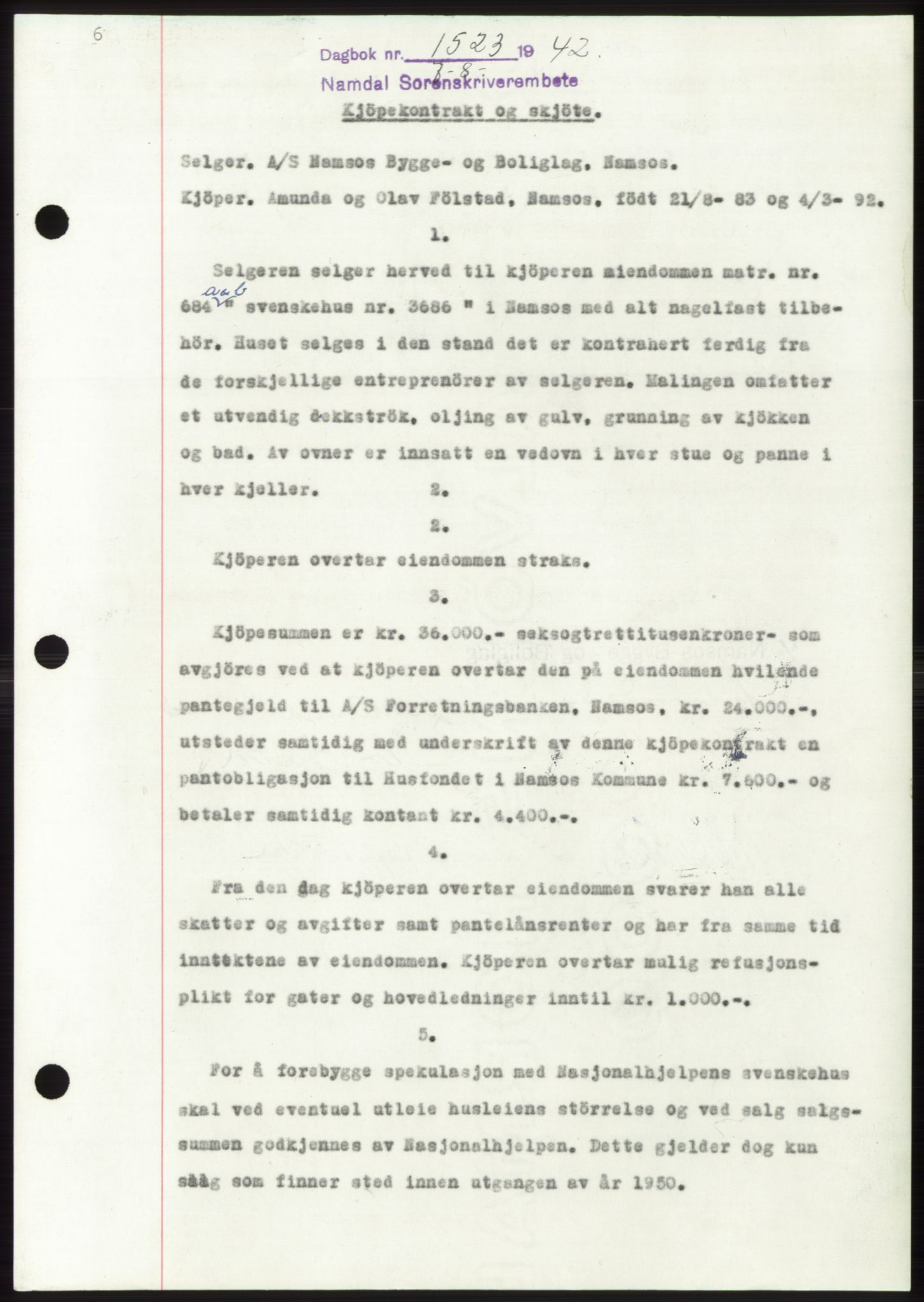 Namdal sorenskriveri, SAT/A-4133/1/2/2C: Pantebok nr. -, 1942-1943, Dagboknr: 1523/1942