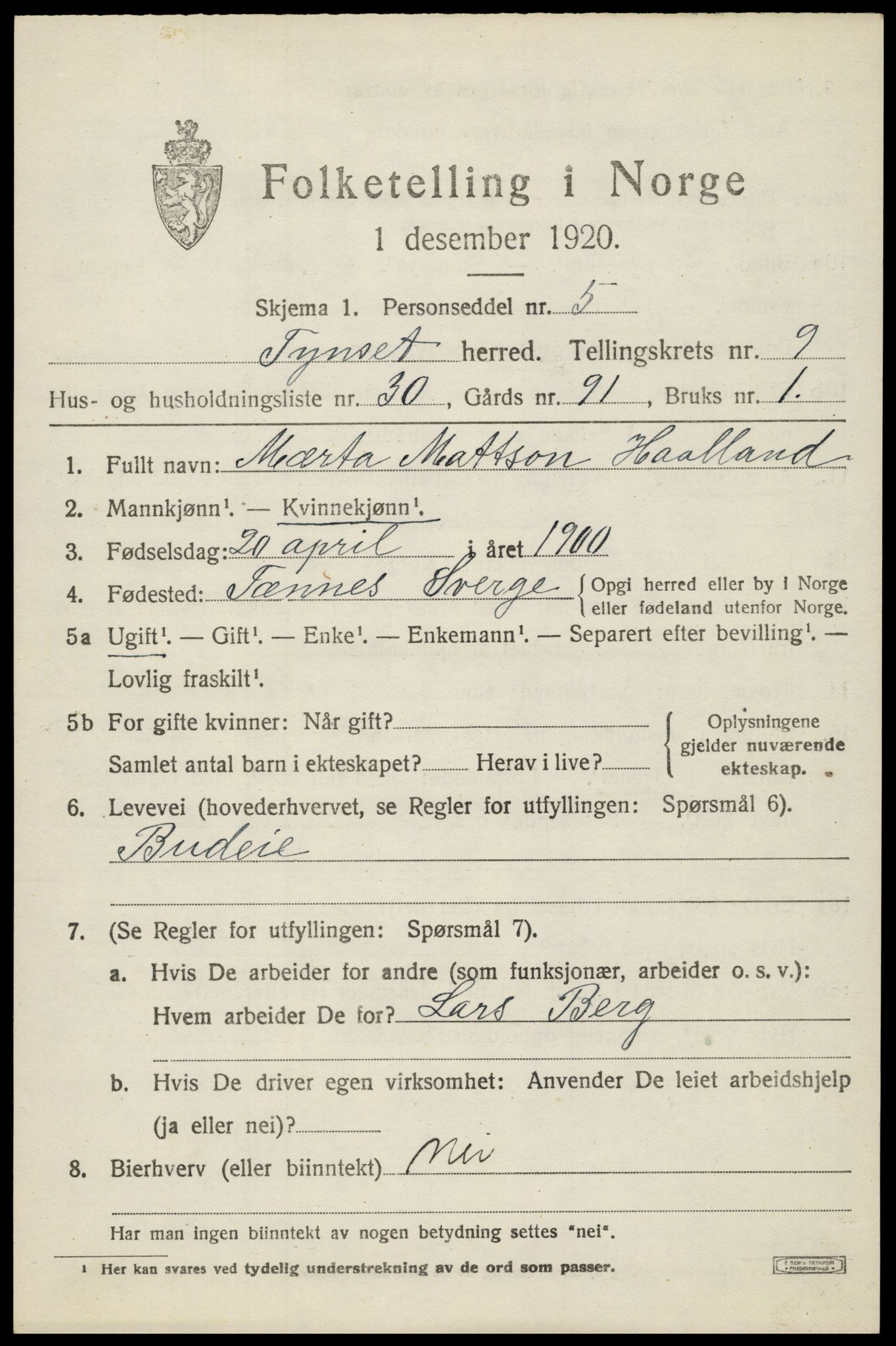 SAH, Folketelling 1920 for 0437 Tynset herred, 1920, s. 7492