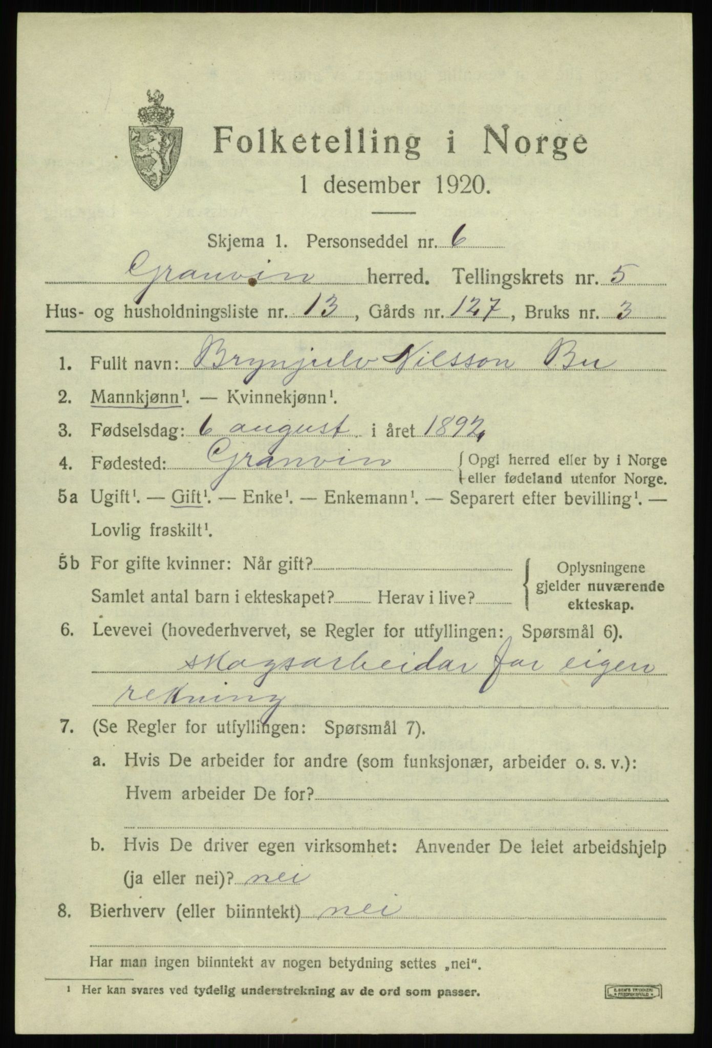 SAB, Folketelling 1920 for 1234 Granvin herred, 1920, s. 2512
