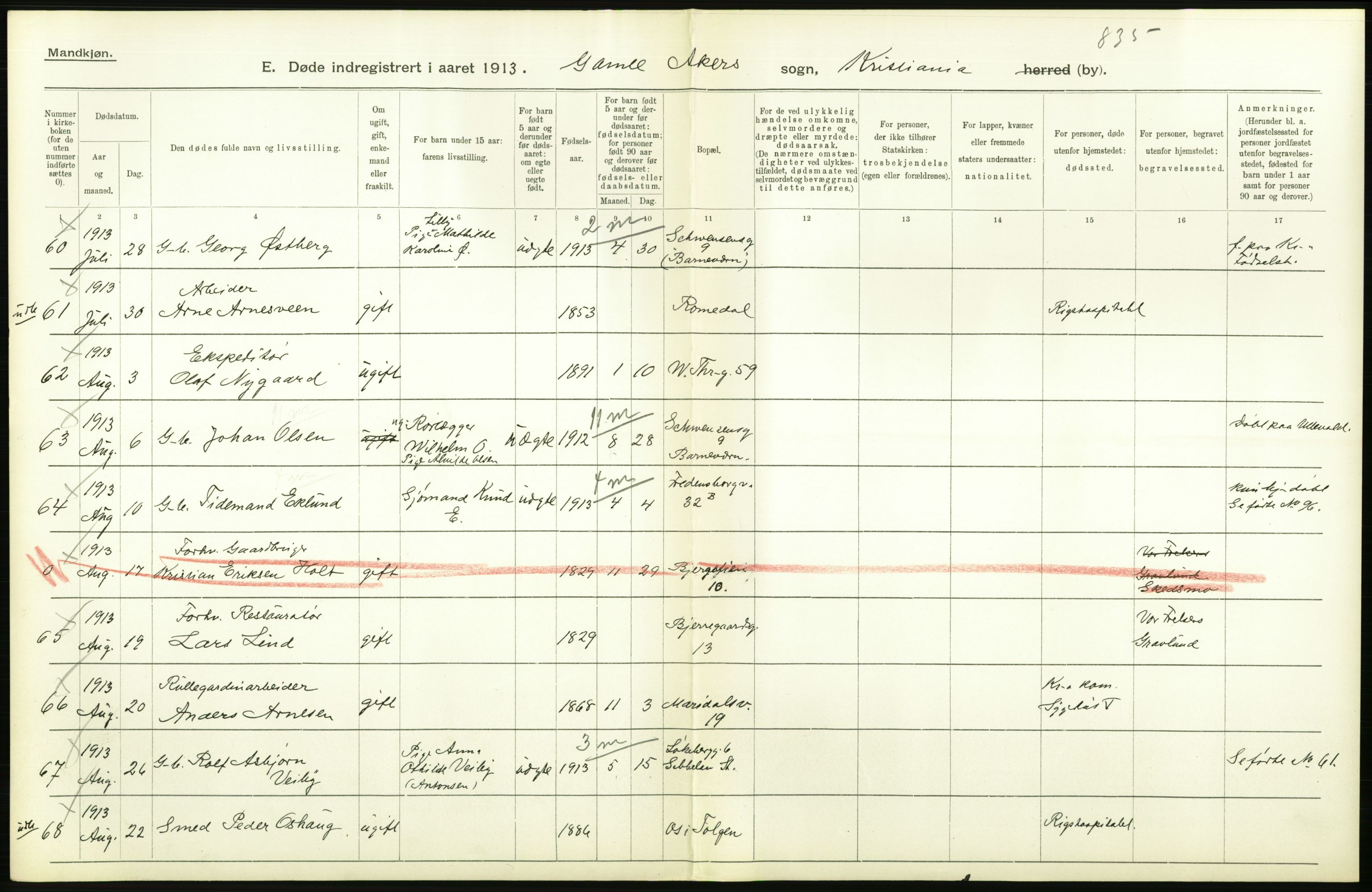 Statistisk sentralbyrå, Sosiodemografiske emner, Befolkning, RA/S-2228/D/Df/Dfb/Dfbc/L0009: Kristiania: Døde., 1913, s. 142