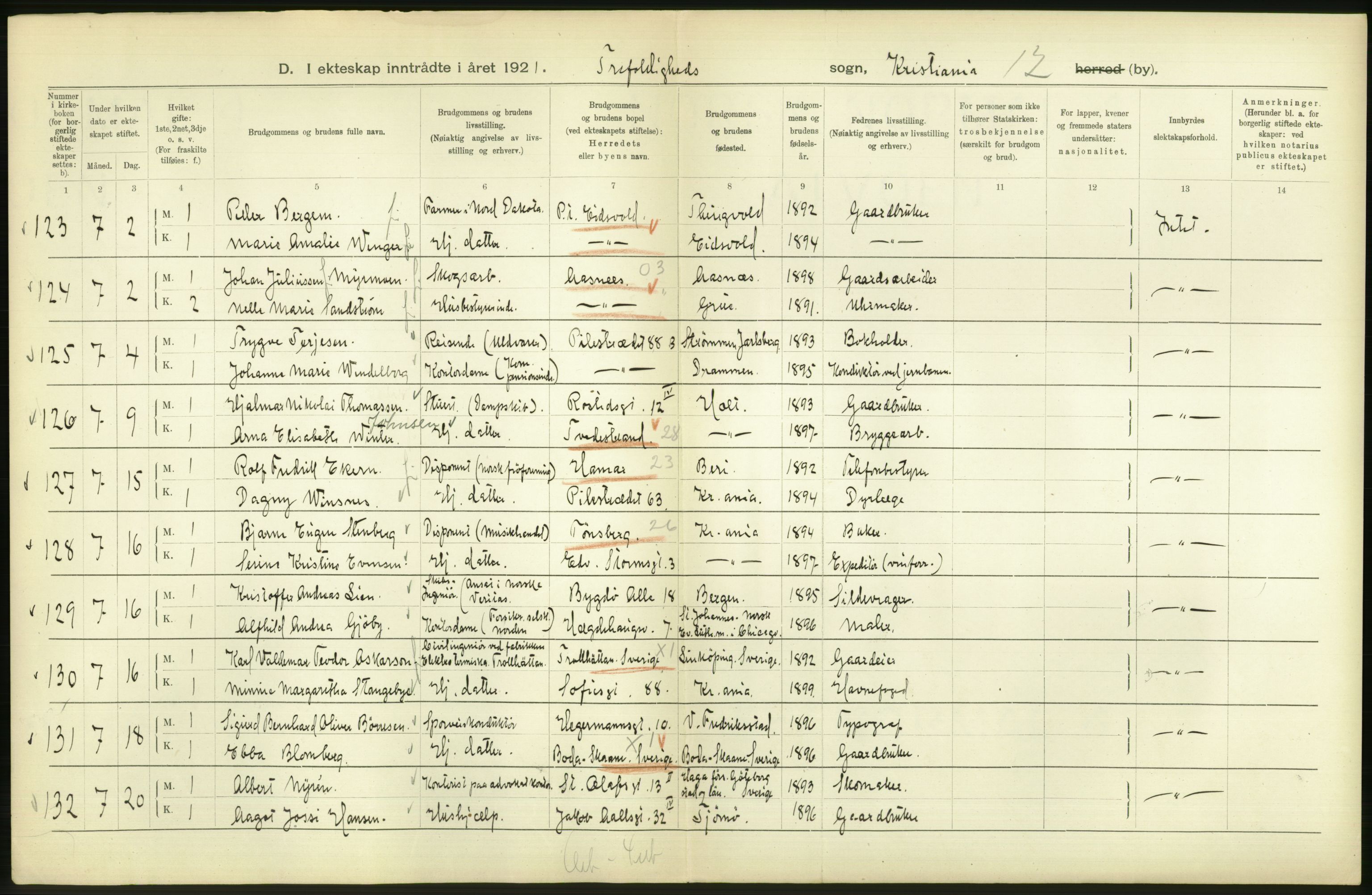 Statistisk sentralbyrå, Sosiodemografiske emner, Befolkning, AV/RA-S-2228/D/Df/Dfc/Dfca/L0011: Kristiania: Gifte, 1921, s. 32